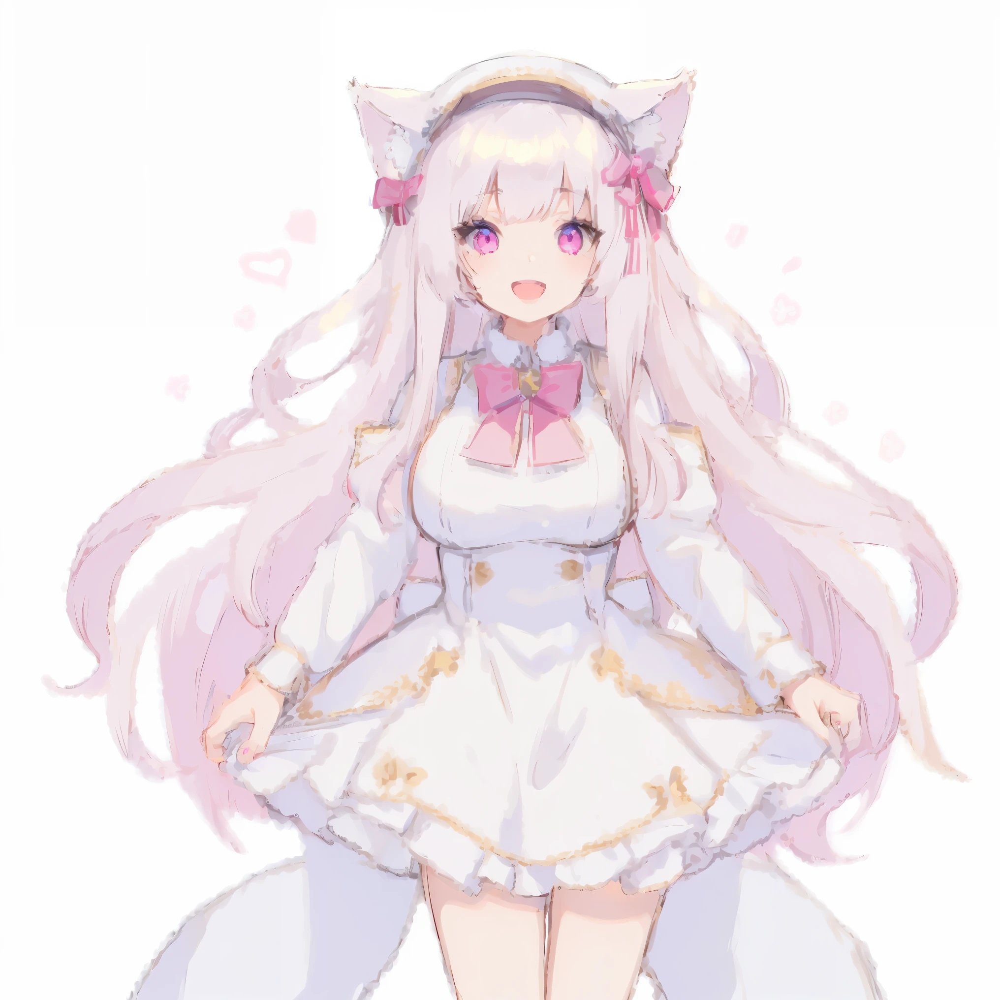 masterpiece, the best_quality, clear details,1 girl, white hair，straight hair，light pink eyes，cat girl，Big breasts，White cat ears，open mouth，Smile， brown beret, white dress, Beige cardigan, green tie, concept art, whole body