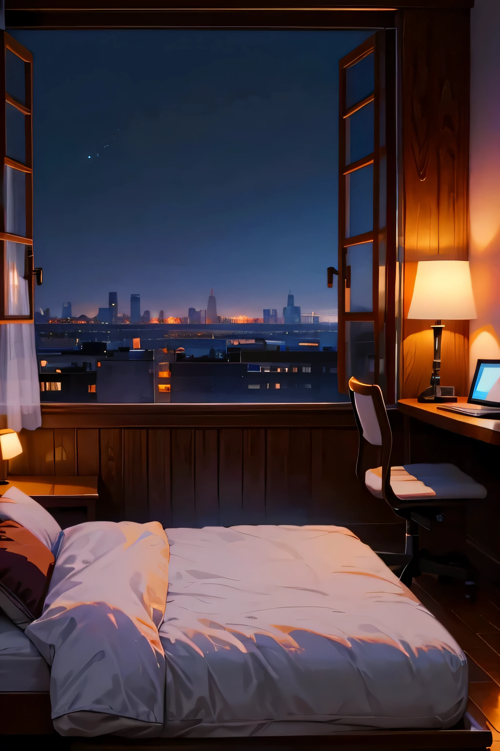 comfortable room，Bed by window，Outside the window is the night view of the city，The room is very narrow，wooden floor，Laptop screen glowing，dim lights