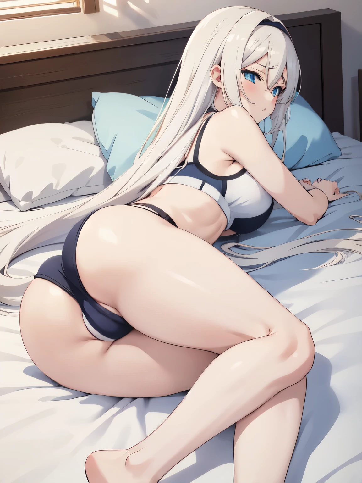  anime, 1girl, ass, bra, thighs,  white_hair, big_breasts, gym_wear, cameltoe, nsfw, seductive anime girl, relaxed_pose, laying stomach on the bed, ass_focus, (Zai_Ji_NARAKA: BLADEPOINT), naraka_bladepoint_game_character, blue_eyes ,sleeping , very_long_hair, Thick_hair, so_much_hAir,proning,prone_position