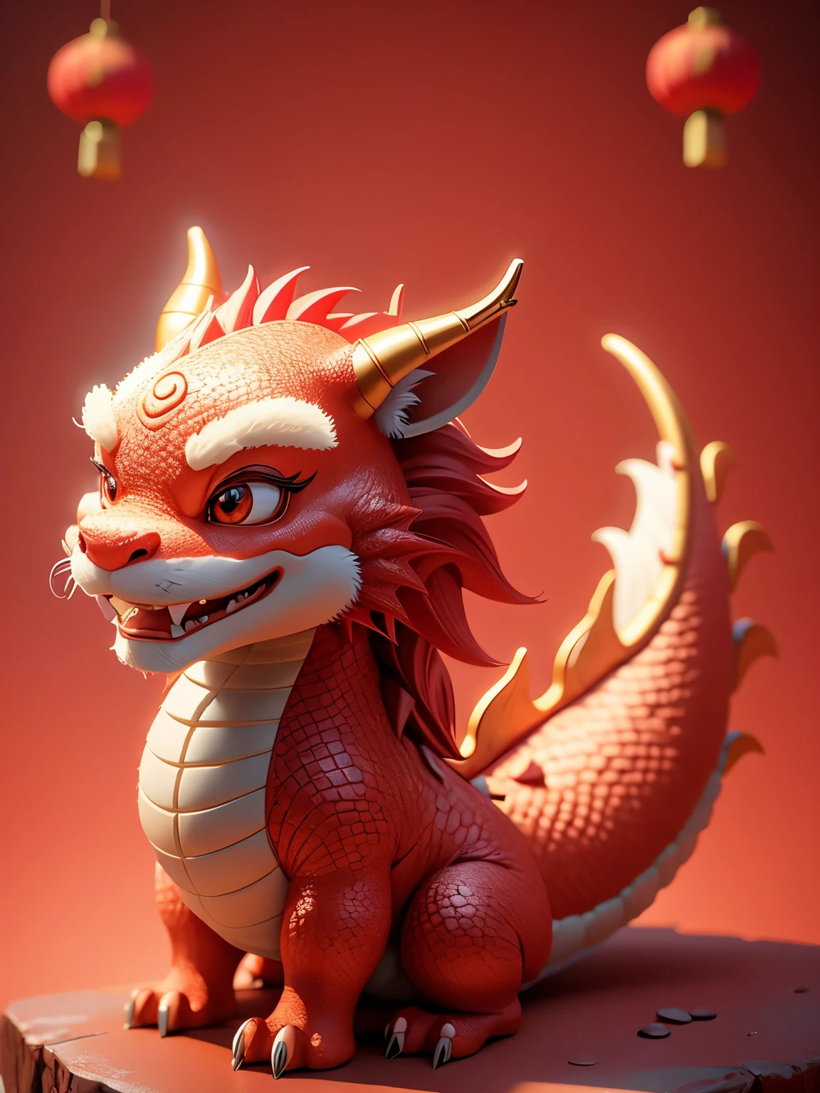 Q version，Cartoon chinese dragon smiling，（petite：1.5），Cute and cute，modeling with clay，Festive red hue，Placed in a 3D scene in a minimalist environment。Bright light，Cooperate with c4d technology，Strong sense of technology，Make styling details exquisite，Resolution up to 8K，Exhibit ultra-high quality。This highly detailed piece emphasizes visual appreciation，Excellent camera angle expression