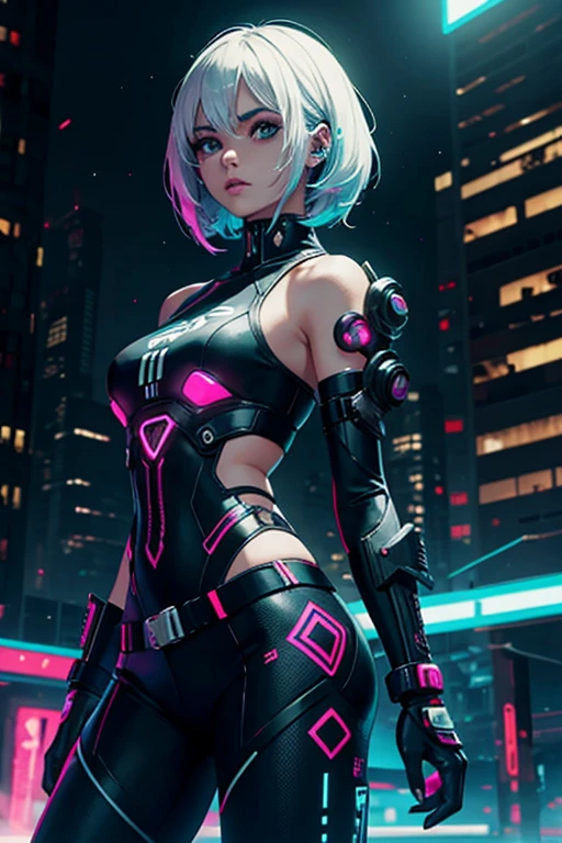 chica joven cona rmadura negra estilo cyberpunk, efecto movimiento, entorno futurista, pelo blanco con risos