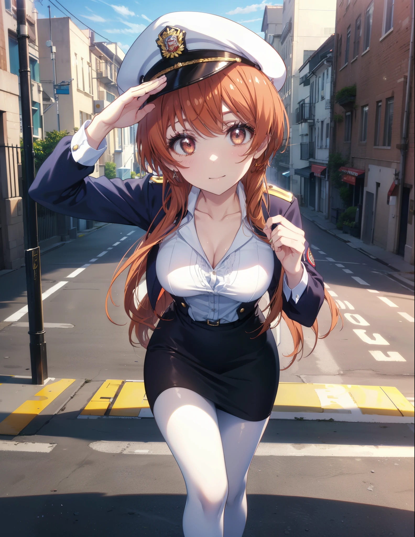 8k,highest quality,masterpiece,expensive body, expensive, long legs, mature female, mature, adult, It is_Nisekoi_orange, 1 girl, alone, hair ornaments, flower, hair flower, smile, null, long hair, outdoors,  brown hair, red eyes, clavicle, brown eyes, orange hair, bun hair,side lock,sexy police uniform,police hat,black pencil skirt,White pantyhose,stiletto heels,whole body,The girl salutes with her left hand, Place your right hand on your waist,In town,building street,sunset,evening, (cowboy shot:1. 5)(masterpiece:1.2), highest quality, High resolution, unity 8k wallpaper, (shape:0.8), (beautiful and detailed eyes:1.6), highly detailed face, perfect lighting, Very detailed CG, (perfect hands, perfect anatomy),