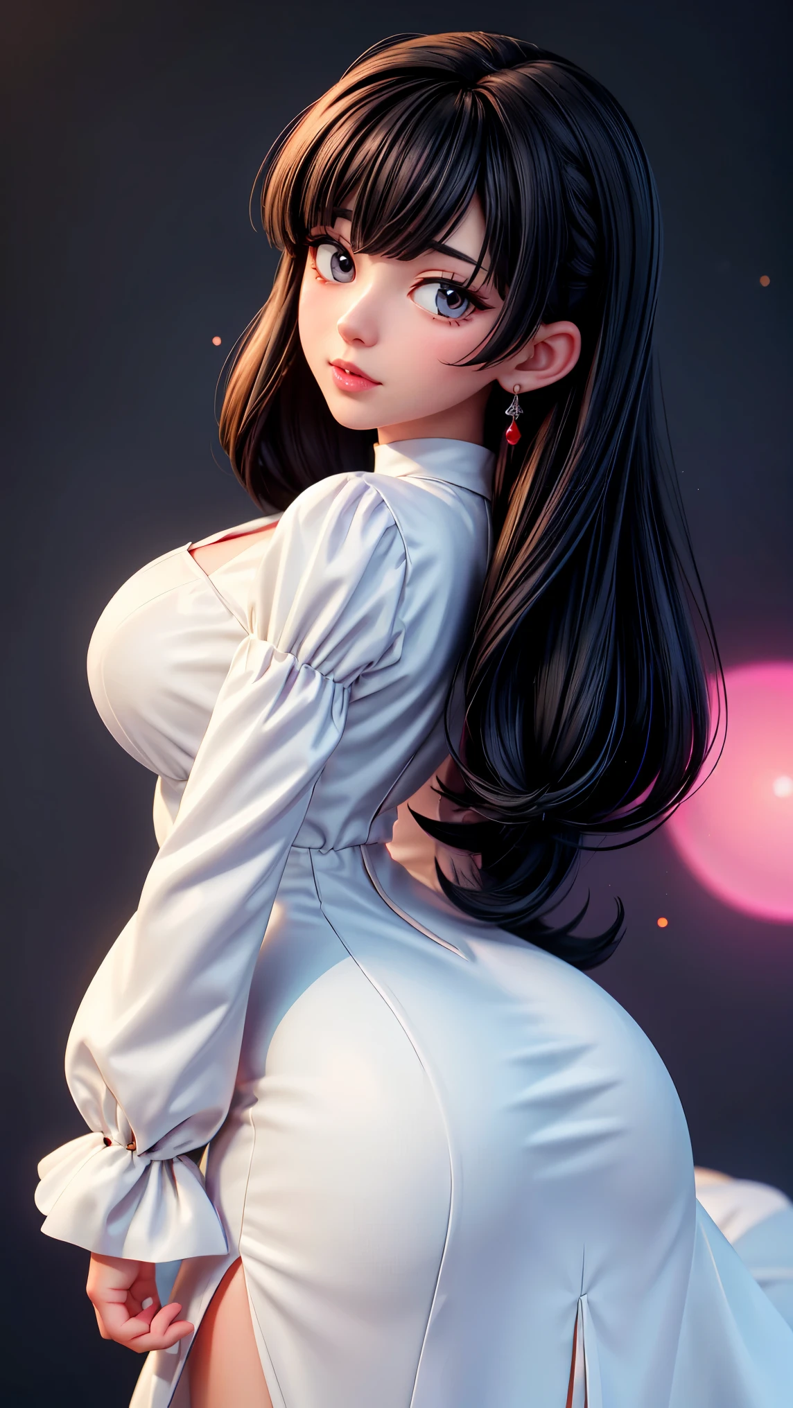 (masterpiece, best quality, ultra high res, beautiful detailed hair detailed face, perfect feminine face), cute anime girl in long white gown wearing, long sleeves, wide sleeves, straight black hair, black eyes, almond-shape eyes, big red lips, flushed, blushed, light particle, sparkling particle