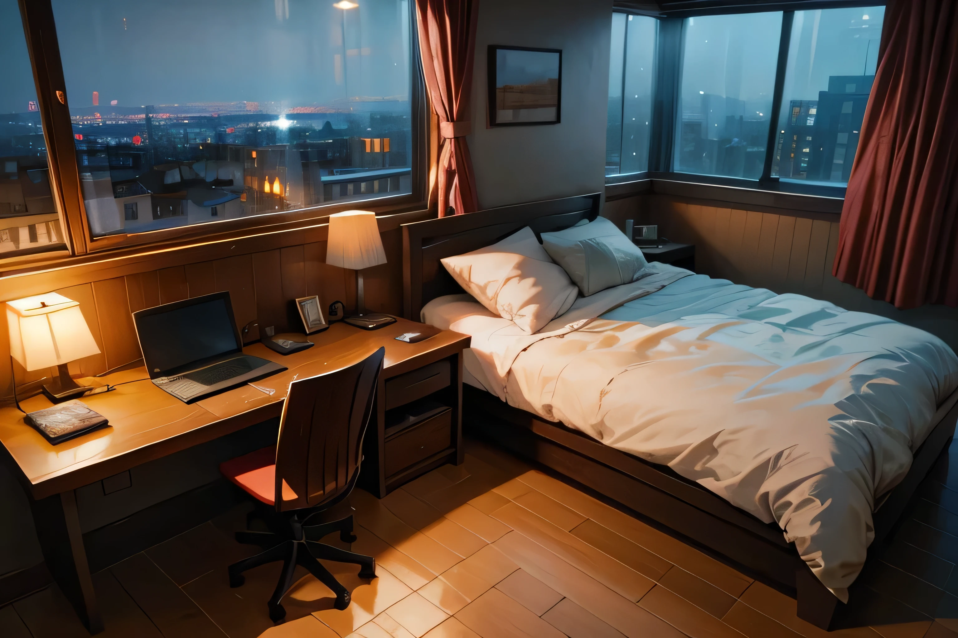 comfortable room,Bed by window,Outside the window is the night view of the city,The room is very narrow,wooden floor,Laptop screen glowing,dim lights