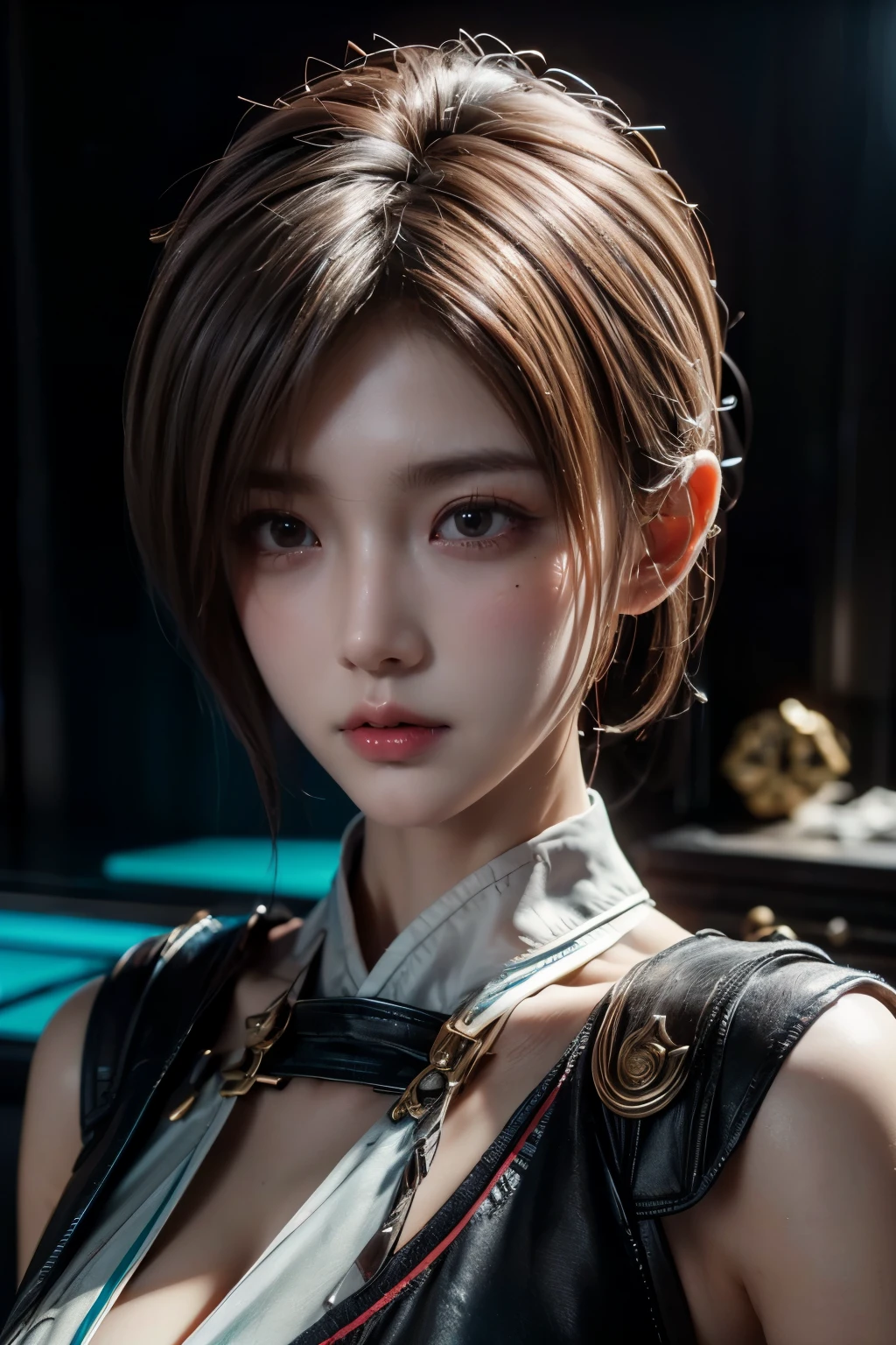 Masterpiece,Game art,The best picture quality,Highest resolution,8K,(Portrait),Unreal Engine 5 rendering works,(Digital Photography),((Portrait Feature:1.5)),
20 year old girl,Short hair details,With long bangs,(The red eye makeup is very meticulous),(White with short hair:1.4),(Large, full breasts),Elegant and noble,Brave and charming,
(Cyberpunk combat suit combined with the characteristics of Chinese fairy costume,Combined with the characteristics of Dunhuang costumes,Ribbon,Golden pattern),Cyberpunk figures,Big moon background,
Movie lights，Ray tracing，Game CG，((3D Unreal Engine))，OC rendering reflection pattern