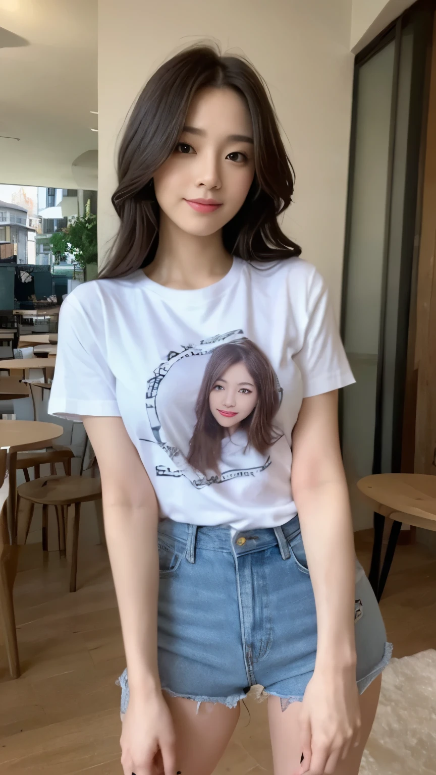 ((top-quality、8k、masterpiece:1.3))、Beautiful woman with perfect body:1.4、slim abdomen:1.2、Longhair, normal breast, Highly detailed facial and skin texture, A detailed eye, delicate eyes, double eyelid, (smile), (full body shot), ((outside of cafe)), (sitting in chiar), (((wearing casual t-shirt)), looking in front