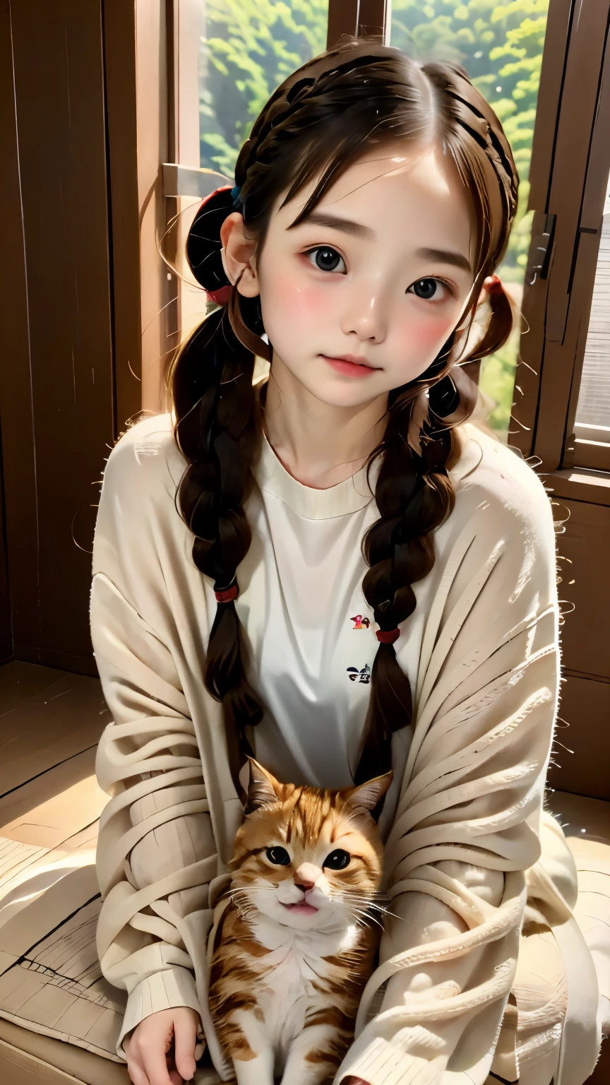 (((Girl playing with cat)))、A free-spirited cat and a dignified girl、one cute woman、Braids bundled into one、french braid、small nose、plump lips、carefully drawn hair、detailed eyes、Play with the cat at home:1.2、sorry cat:1.5、A girl who wants to be cared for、Calico cat and girl in jersey:1.3、Natural light, (very detailed, intricate details), sharp focus, calm colors, 8k, confused, 8mm film grain