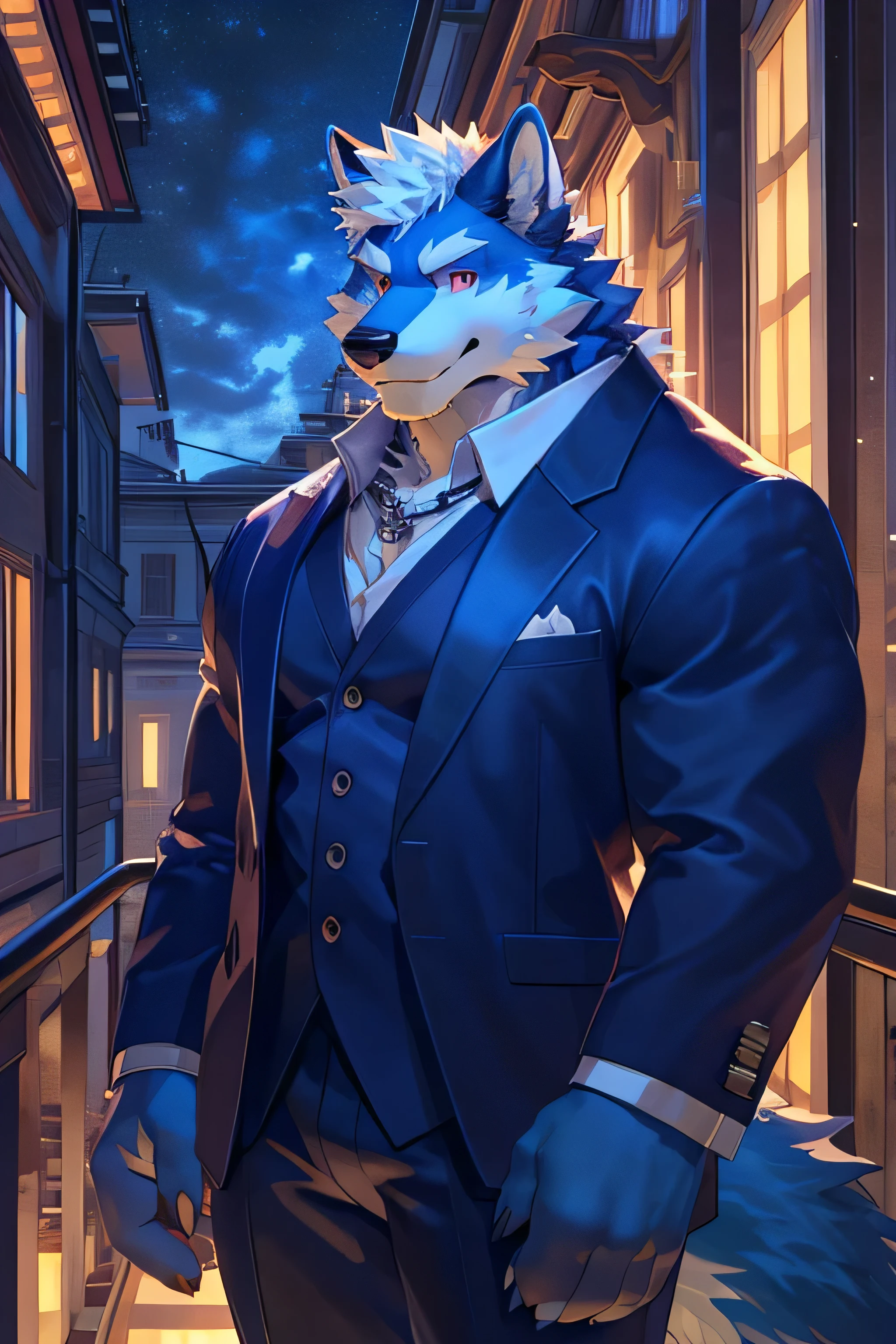 solo,anthro,furry,furry male, blue wolf,((fluffy fur, fluffy, furry body)), (blue wolf), vibrant blue body, red eyes, tail, detailed fluffy fur, detailed face, smiling, detailed eyes, detailed white chest, thick eyebrows, white hair, short hair, full body, blue three piece suit, black and red suit pants, silver necklace, Simple background,(by null-ghost,by raccoon21, masterpiece,high quality, hi res, 8k hd),close-view portrait, looking at viewer, night, indoors, balcony, Standing.
