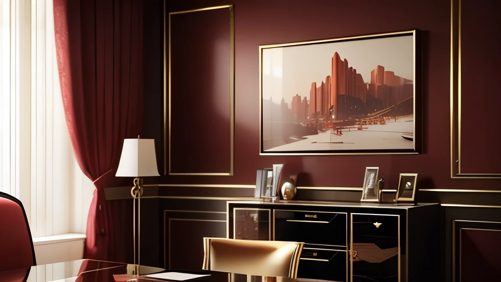 Luxury Workspace, red & Gold Home Office Discover high end sophistication with a red, and gold home office. This luxurious workspace will inspire your inner girl boss to excel with it’s blending or rich tones and opulent textures, perfect for high-end productivity, 4k