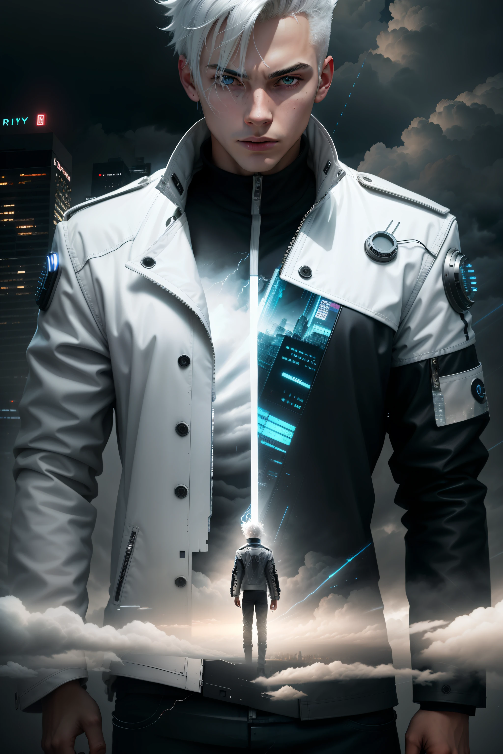 1teen boy, white hair and white cyberpunk jacket [foggy cityscape in the distance : very handsome, city:0.33] immersed in a giant flow of wind, living in a thunder cloud, behind the cloud, (double exposure:1.3), photo by Brandon Woelfelmist, surreal dream, gray atmosphere, rainy day, dynamic, lut, hdr