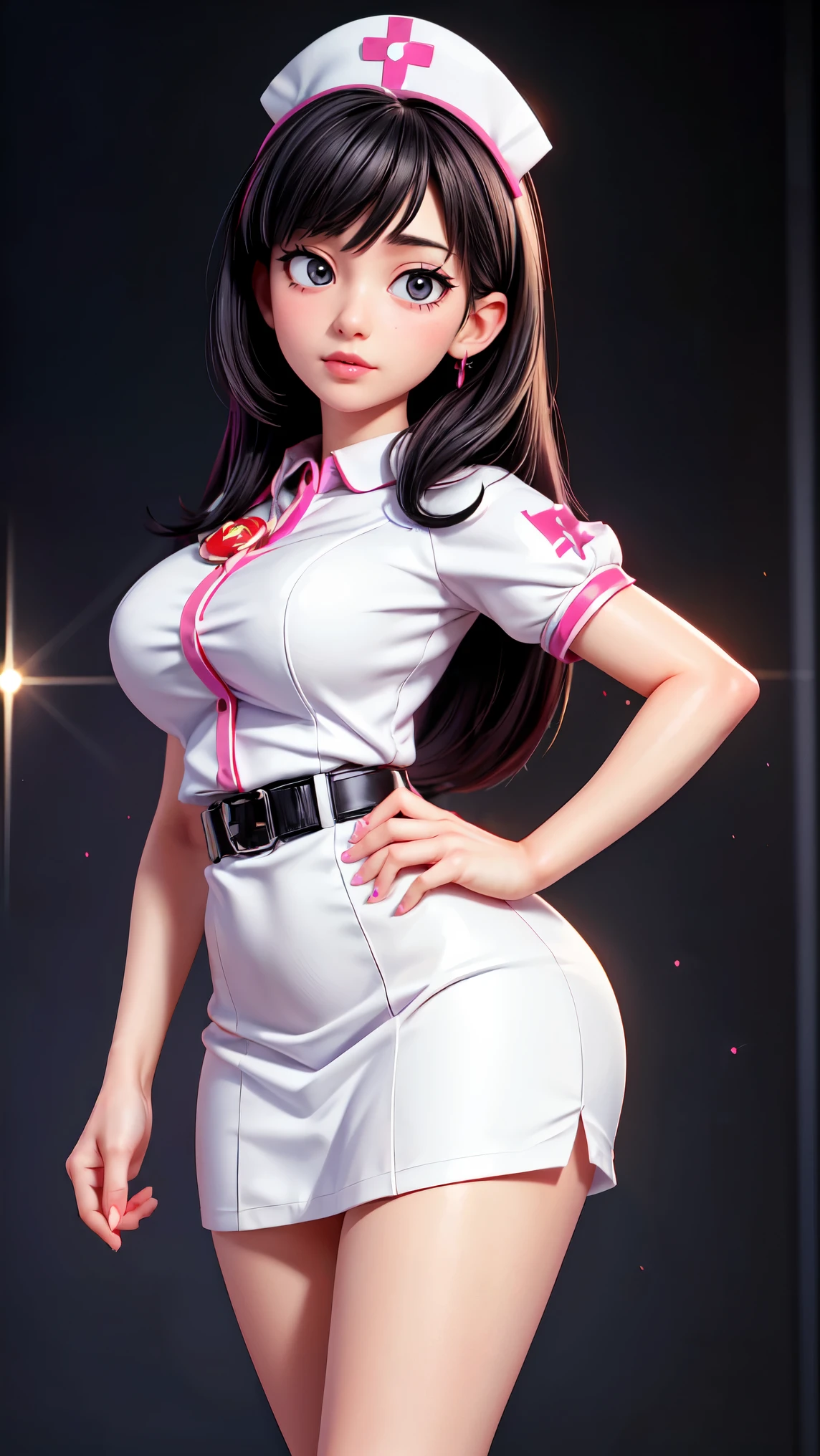 (masterpiece, best quality, ultra high res, beautiful detailed hair detailed face, perfect feminine face), cute anime girl in nurse wearing, short sleeves, nurse hat, straight black hair, black eyes, almond-shape eyes, big red lips, flushed, blushed, light particle, sparkling particle