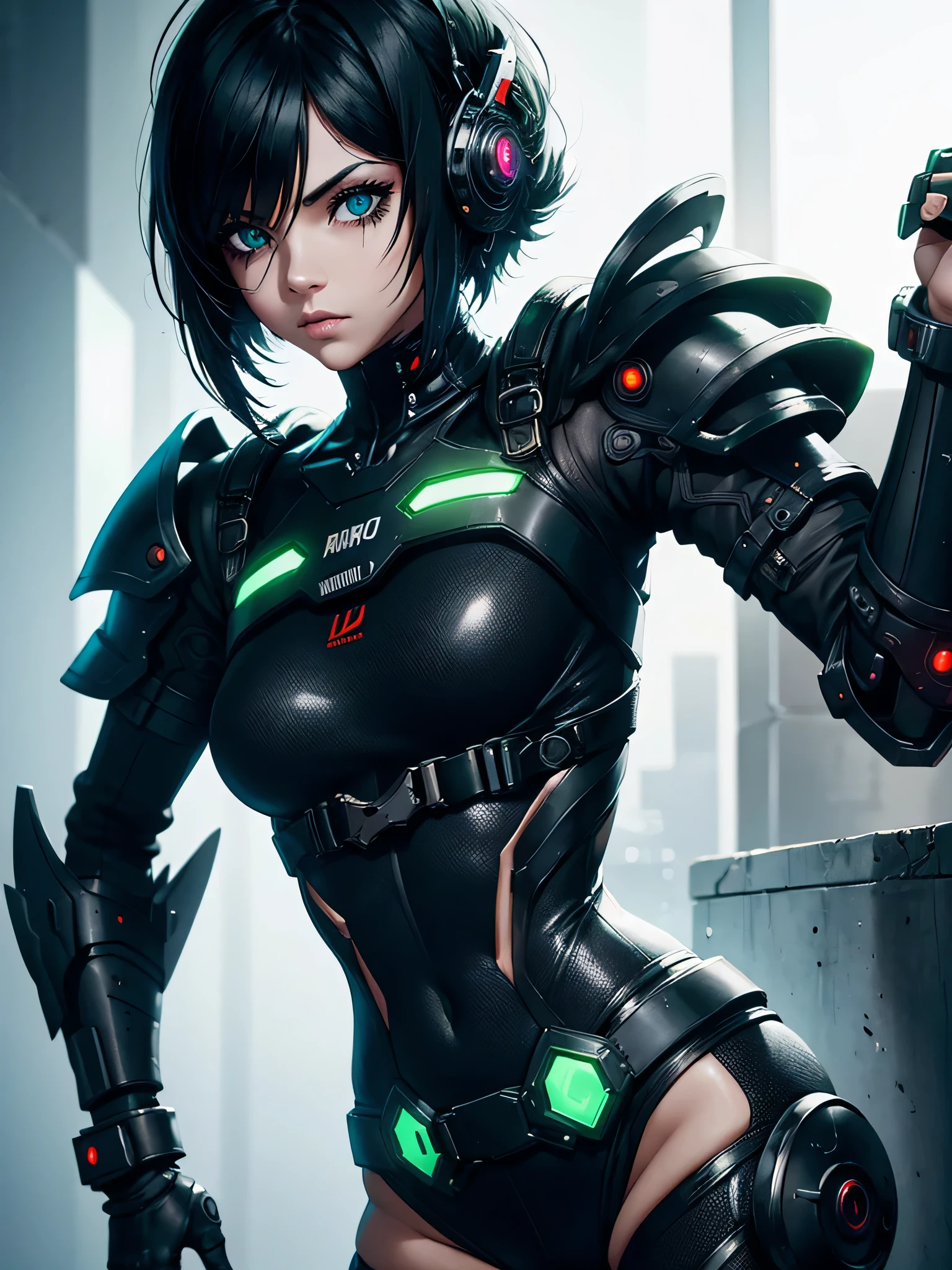 chica con armadura negra cyberpunk, entorno futurista, pelo blanco con risos, ojos verdes, pose de combate,
