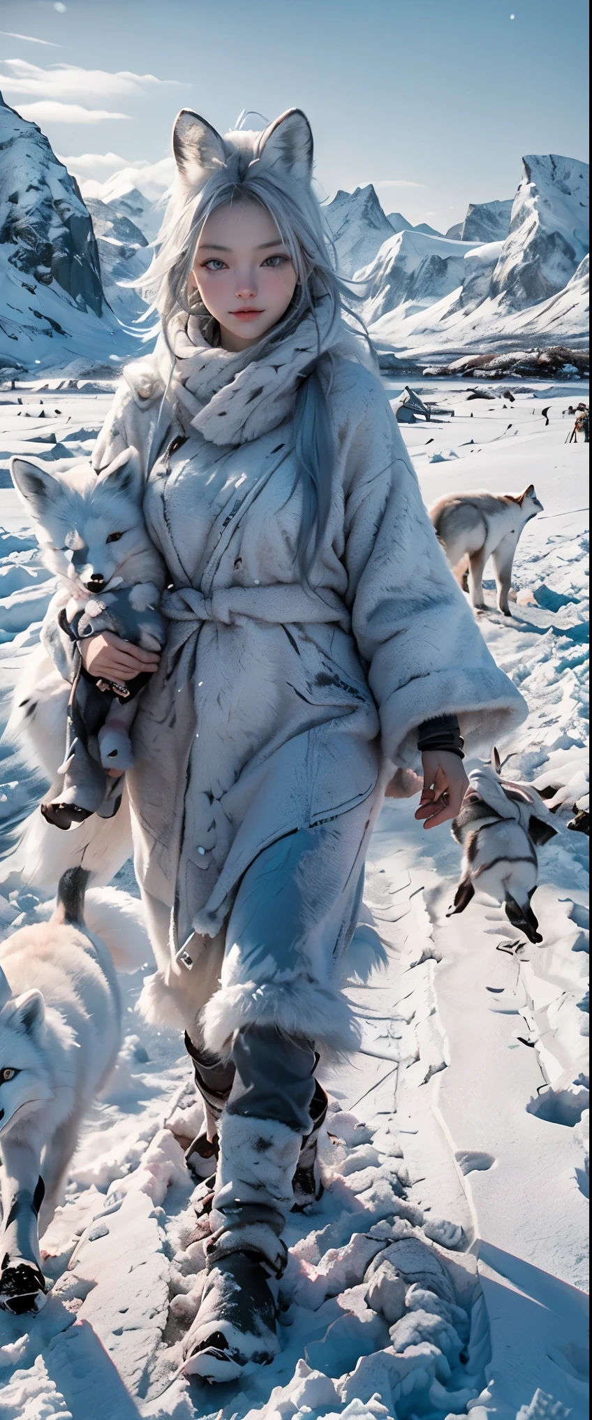 masterpiece、highest quality、High resolution、photorealistic、High resolution、Raw photo、((A family of arctic foxes walking through a snowy field in northern Norway:1.2))、There are only their footprints in the snow、