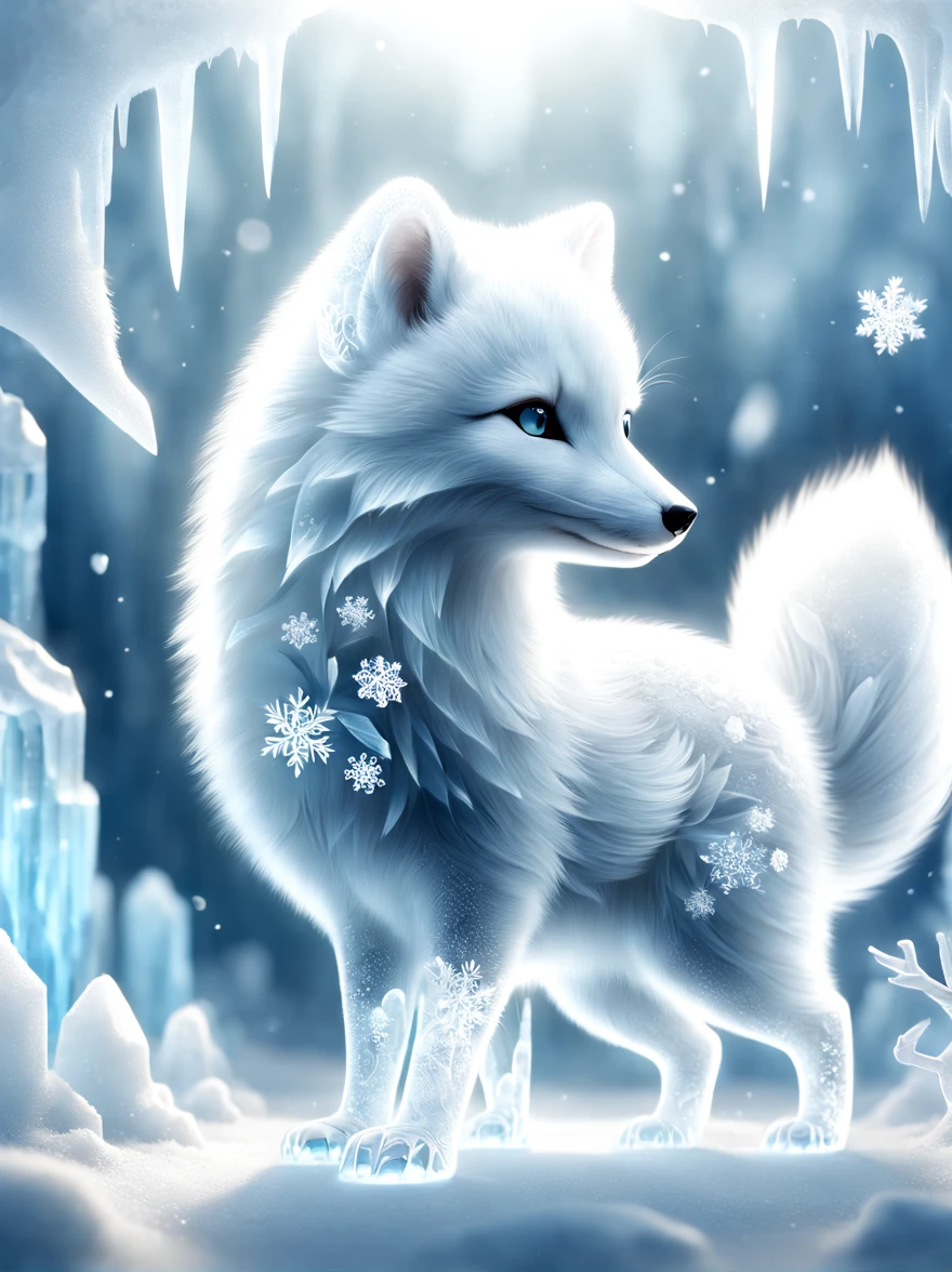 Crystal style, High quality fantasy art of beautiful arctic fox made of clear crystal, glow within, Exquisite statues, kawaii, chibi, Lovely, Arctic foxes are famous for their elegant white fur and agile posture，They stand out in the snow-covered Arctic environment。Let&#39;s imagine，An arctic fox walks through the frozen ground and snowdrifts on a cold winter day，Its steps are light and faseems to blend perfectly with the surrounding white snow。Its fur shines in the sun，Reflects dazzling white light，Surrounded by a field of pure white snow，Occasionally decorated with ice and snowflakes。The arctic fox&#39;s eyes are focused and penetrating，Revealing its keen perception of the environment and survival wisdom。this moment，Arctic fox looking for food or exploring its territory，Every movement it makes looks particularly elegant and confident。