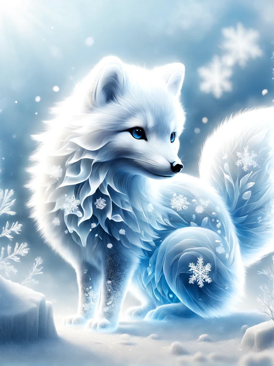 Crystal style, High quality fantasy art of beautiful arctic fox made of clear crystal, glow within, Exquisite statues, kawaii, chibi, Lovely, Arctic foxes are famous for their elegant white fur and agile posture,They stand out in the snow-covered Arctic environment。Let's imagine,An arctic fox walks through the frozen ground and snowdrifts on a cold winter day,Its steps are light and faseems to blend perfectly with the surrounding white snow。Its fur shines in the sun,Reflects dazzling white light,Surrounded by a field of pure white snow,Occasionally decorated with ice and snowflakes。The arctic fox's eyes are focused and penetrating,Revealing its keen perception of the environment and survival wisdom。this moment,Arctic fox looking for food or exploring its territory,Every movement it makes looks particularly elegant and confident。