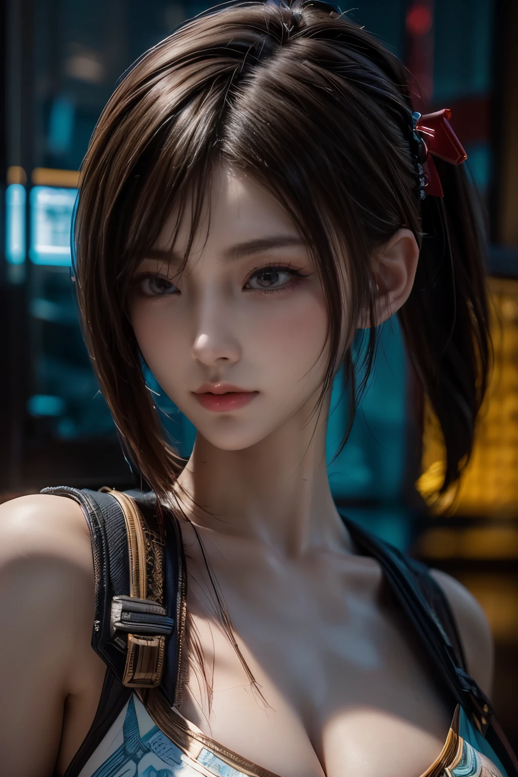 Masterpiece,Game art,The best picture quality,Highest resolution,8K,(Portrait),Unreal Engine 5 rendering works,(Digital Photography),((Portrait Feature:1.5)),
20 year old girl,Short hair details,With long bangs,(The red eye makeup is very meticulous),(White with short hair:1.4),(Large, full breasts),Elegant and noble,Brave and charming,
(Cyberpunk combat suit combined with the characteristics of Chinese fairy costume,Combined with the characteristics of Dunhuang costumes,Ribbon,Golden pattern),Cyberpunk figures,Big moon background,
Movie lights，Ray tracing，Game CG，((3D Unreal Engine))，OC rendering reflection pattern