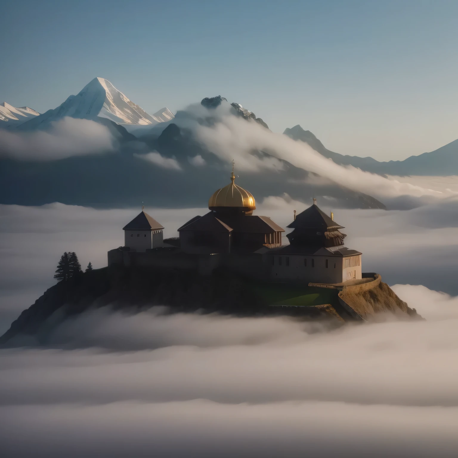 arafed view of a church on a mountain with a sea of clouds, by Alexander Kucharsky, castle made of clouds, by Alexey Venetsianov, ryan dyar, unsplash contest winning photo, unsplash photo contest winner, by Andrey Esionov, 5 0 0 px, 500px, misty castle