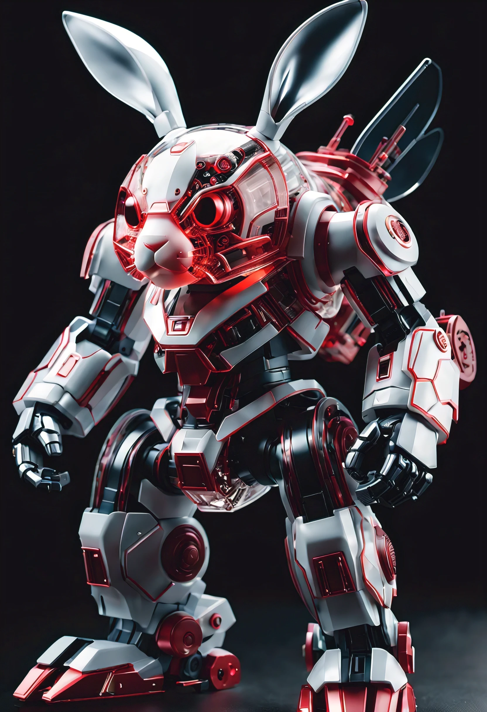 (Blind box toy style:1.2),personification, full view,Pure black background, Huge transparent mechanical rabbit head,The internal structure consists of a large number of precision electronic components,Transparent visor, Facial skin is transparent, Luminous electronic eye. The mecha stands on the ground in a fighting posture. White and red color scheme.(Ray tracing, Well-designed, high detail, masterpiece, best quality, ultra high definition)