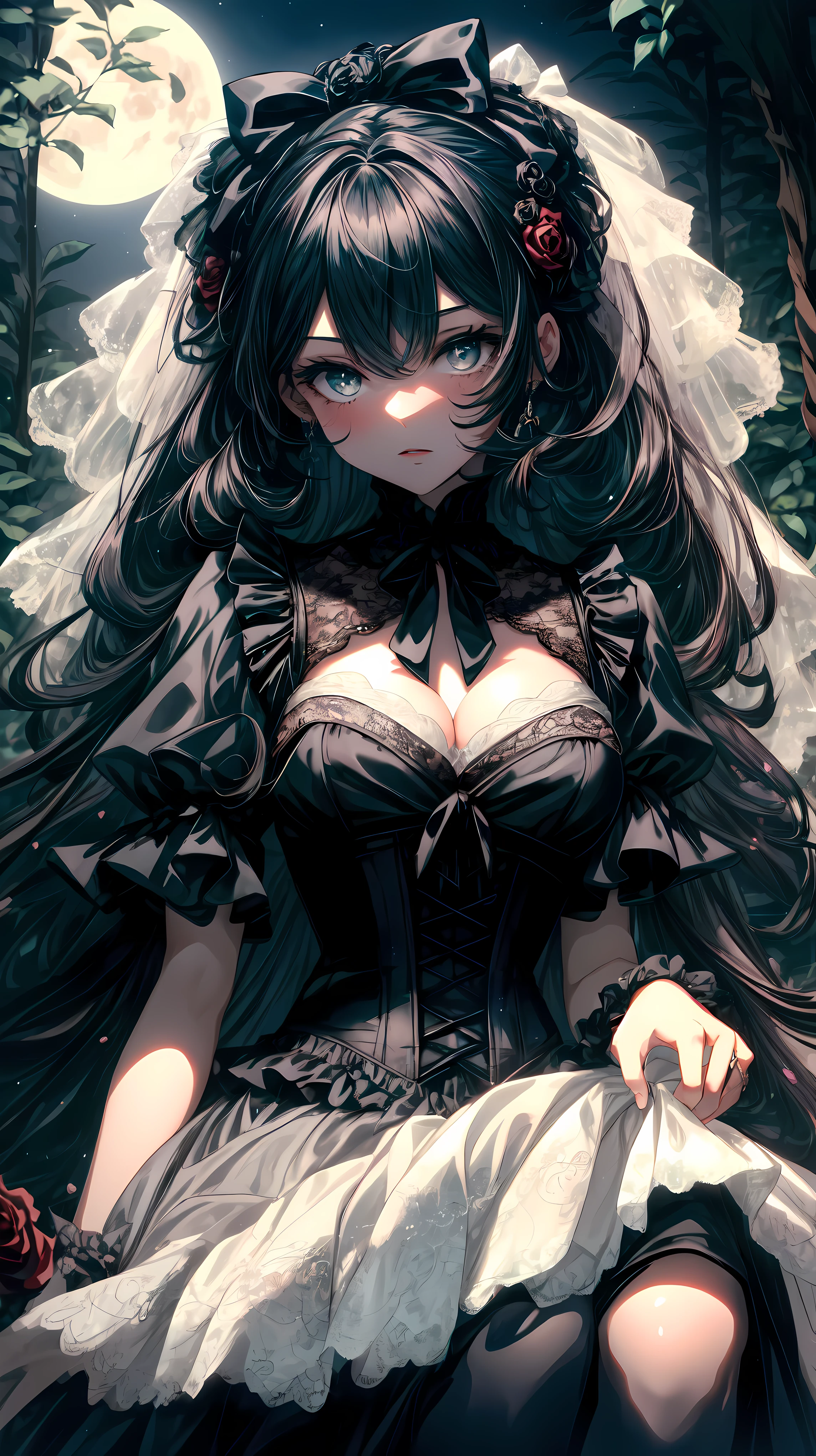 (best quality,high resolution:1.2),(A 7 year old girl, very young girl), (Sophisticated black ta dress:1.1),(Detailed lace pattern,Highly detailed design,flowing tulle layers,gothic fashion elements,Delicate bows and ribbons,dark romance,Victorian elegance,fine embroidery,dramatic silhouette,Detailed ruffles,rich texture,Fine tailoring,Gorgeous accessories),sharp contrast,ethereal beauty,Dark and dreamy color palette,Vibrant black shades,Luxurious velvet fabric,stunning corset,Well crafted buttons,Delicate lace collar,(Romantic moonlight garden setting),retro charm,Detailed rose pattern,magic rose,victorian mansion background,porcelain skin,Deep and mysterious gaze,midnight black long curly hair,intricate updo,Soft candlelight lighting