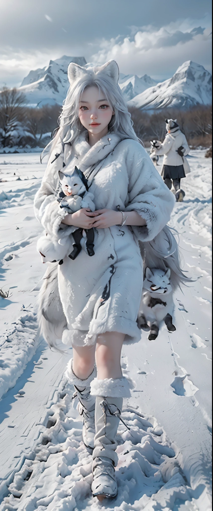 masterpiece、highest quality、High resolution、photorealistic、High resolution、Raw photo、((A family of arctic foxes walking through a snowy field in northern Norway:1.2))、There are only their footprints in the snow、