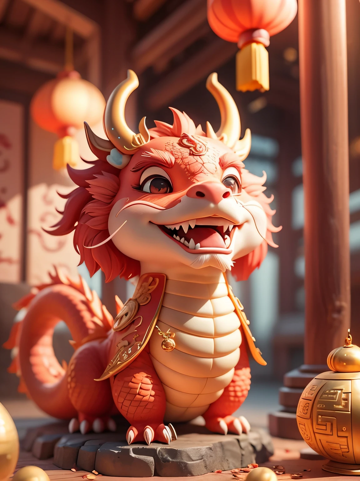 Q version，Cartoon chinese dragon smiling，（Petite and cute：1.5），（cute：1.5），modeling with clay，Festive red hue，Placed in a 3D scene in a minimalist environment。Bright light，Cooperate with c4d technology，Strong sense of technology，Make styling details exquisite，Resolution up to 8K，Exhibit ultra-high quality。This highly detailed piece emphasizes visual appreciation，Excellent camera angle expression