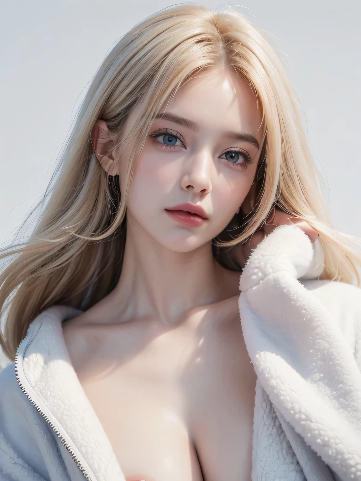 (8k, highest quality, High resolution, RAW photo, masterpiece :1.3), beautiful and stylish adult woman, long face, ((pure white background)), (fleece jacket, nipple::2, chest), ((Accurately express details such as faces and skin textures)), wavy bob hair, take a pose