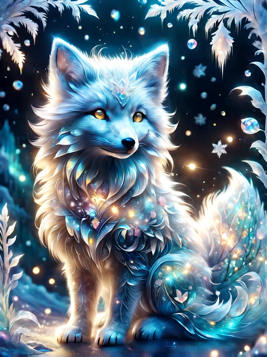 (best quality, 8k, high resolution, masterpiece:1.2), bright colors, magical atmosphere, whimsical, ((1 cute arctic snow fox, Rolling and playing in the incredibly beautiful snow，It&#39;s snowing，snowflake，white snow)), surreal, Psychedelic, intricate details, Beautiful texture, ethereal, like a dream, soft glow, charming pattern, fantasy creatures, hidden surprise, Fantastic snowscape, surreal color palette, Mysterious aura, Surrealism, fascinating journey, psychedelic trip, vivid imagination, Immersive experience, Mysterious creature, otherworldly charm, glow path, Snow lighting up arctic forests, surreal sky, whimsical scenery,, Wonderful encounter in the snow, Charming snow art