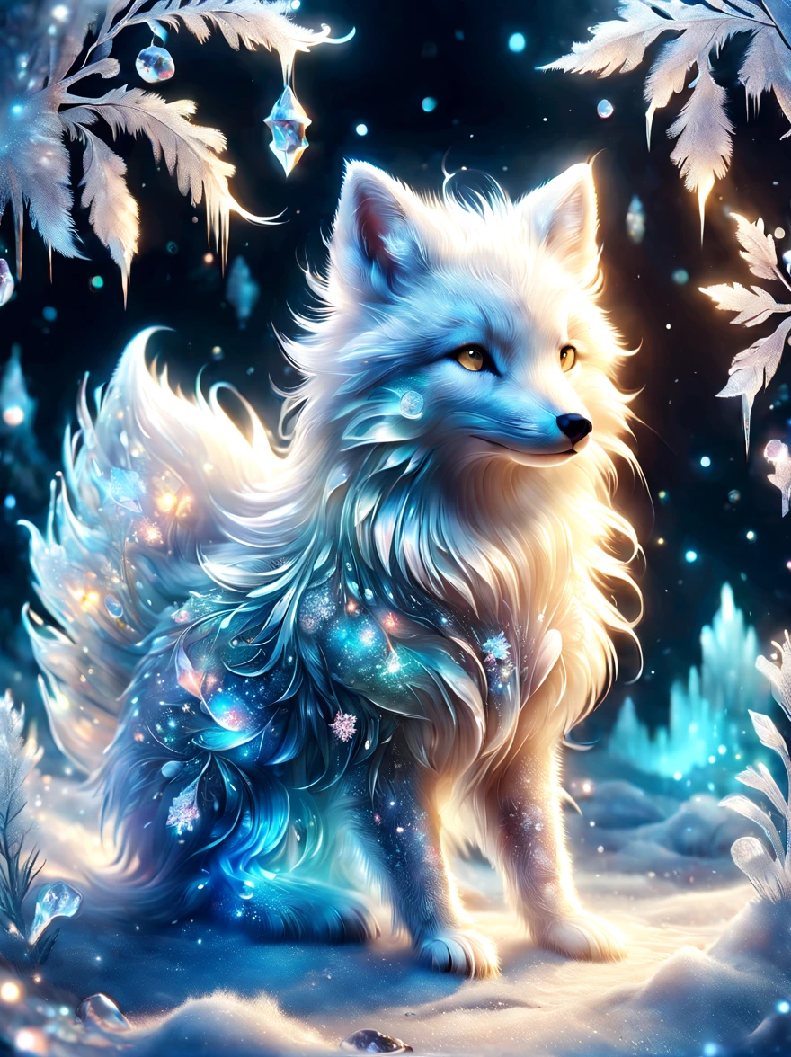 (best quality, 8k, high resolution, masterpiece:1.2), bright colors, magical atmosphere, whimsical, ((1 cute arctic snow fox, Rolling and playing in the incredibly beautiful snow，It&#39;s snowing，snowflake，white snow)), surreal, Psychedelic, intricate details, Beautiful texture, ethereal, like a dream, soft glow, charming pattern, fantasy creatures, hidden surprise, Fantastic snowscape, surreal color palette, Mysterious aura, Surrealism, fascinating journey, psychedelic trip, vivid imagination, Immersive experience, Mysterious creature, otherworldly charm, glow path, Snow lighting up arctic forests, surreal sky, whimsical scenery,, Wonderful encounter in the snow, Charming snow art