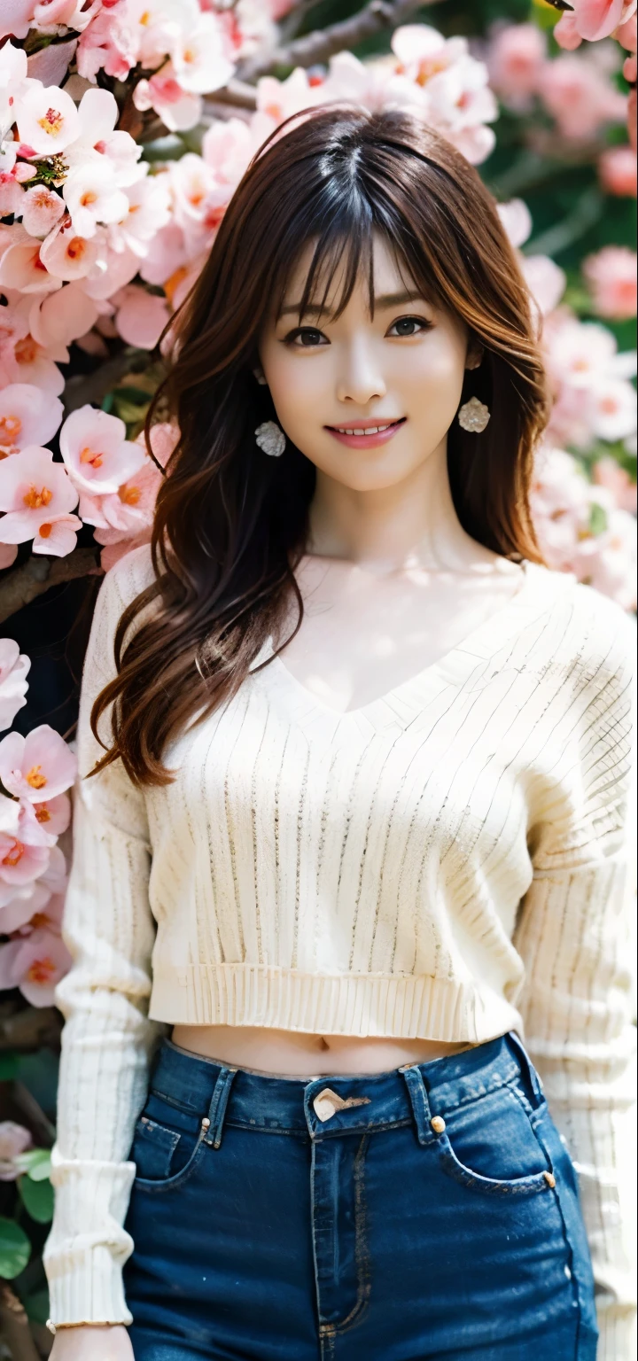 (((perfect anatomy))),((Ulzan 6500)),highest quality,very detailed,masterpiece,Super detailed,An idol wearing red glasses stands with her legs crossed in front of plum blossoms in full bloom.,Angle from a low position on the side,超High resolution,(realistic:1.4,8k),In a park where plum blossoms are in full bloom and the morning sun shines brightly, I pull my chin and look over my shoulder.,A 20-year-old woman who is beautiful just by standing,nice earrings,The slim, muscular, big hips are irresistible.,((Perfectly sized pure white knit V-neck long sleeves and worn slim jeans are the best match)),The most adorable smile with raised eyebrows and corners of the mouth,Proud chestnut long vertically curled hair,High nose and deep chiseled face,Elegant appearance,Full body portrait including dynamic vinyl heels,magic lighting,Bright colors,Melting deep depth of field background using Hasselblad,(highest quality,4k,8k,High resolution,masterpiece:1.2),(realistic,realistic:1.37),