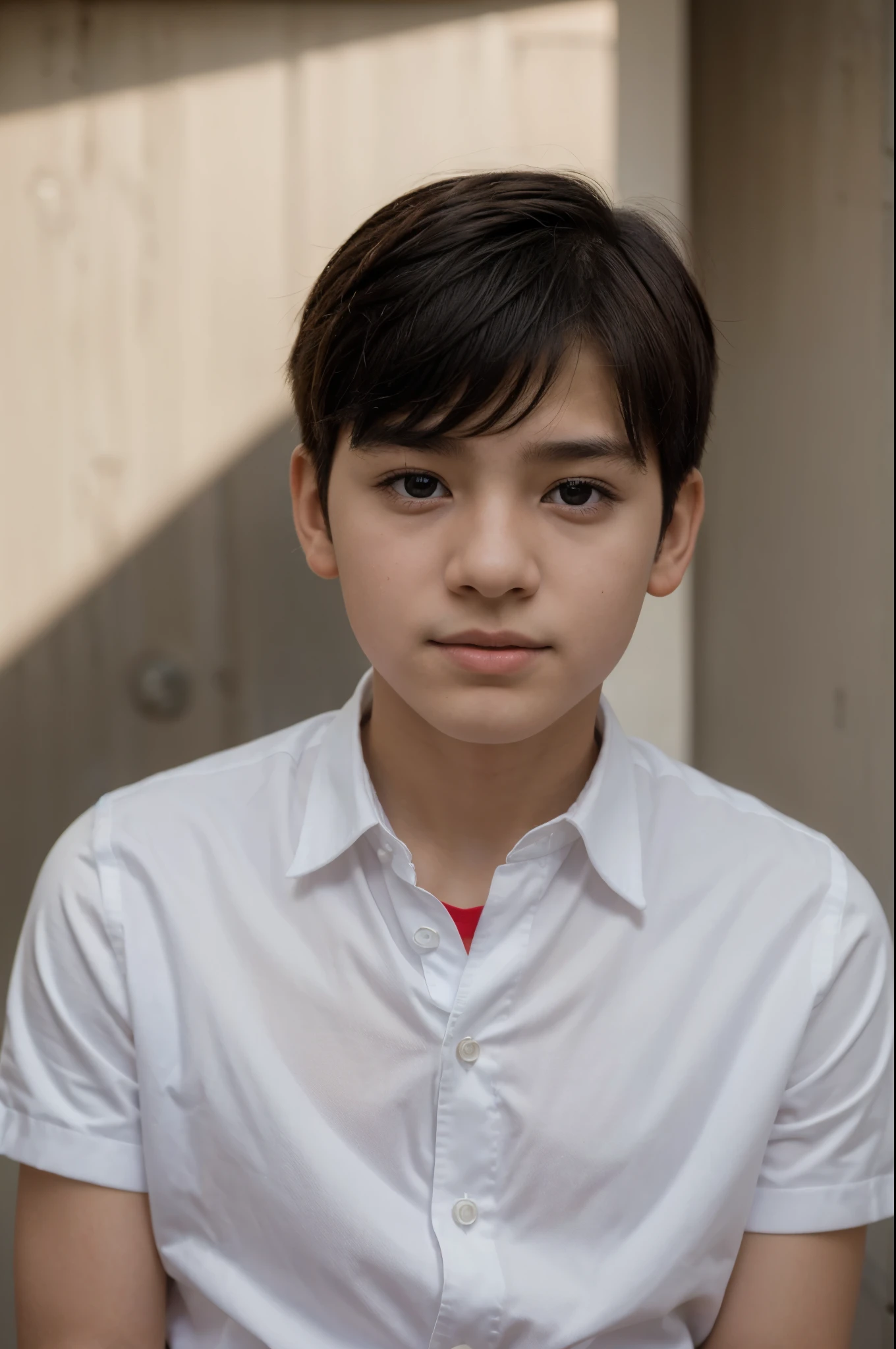 there is a young boy wearing a red tie and a white shirt, Porter l'uniforme scolaire, Porter un uniforme scolaire, porter l'uniforme scolaire japonais, fille en uniforme, student, boy has short black hair, portrait d'une adolescente japonaise, enfant, d'une pose, portrait of boy, le sujet sourit, boy, gros plan portrait