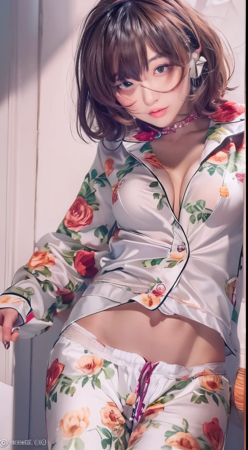 NSFW,((highest quality, 8k, masterpiece :1.3)), 1 girl, pretty woman with thin abs :1.3, (medium short hair, huge breasts :1.2), pajamas:1.1, super detailed face, fine eyes,