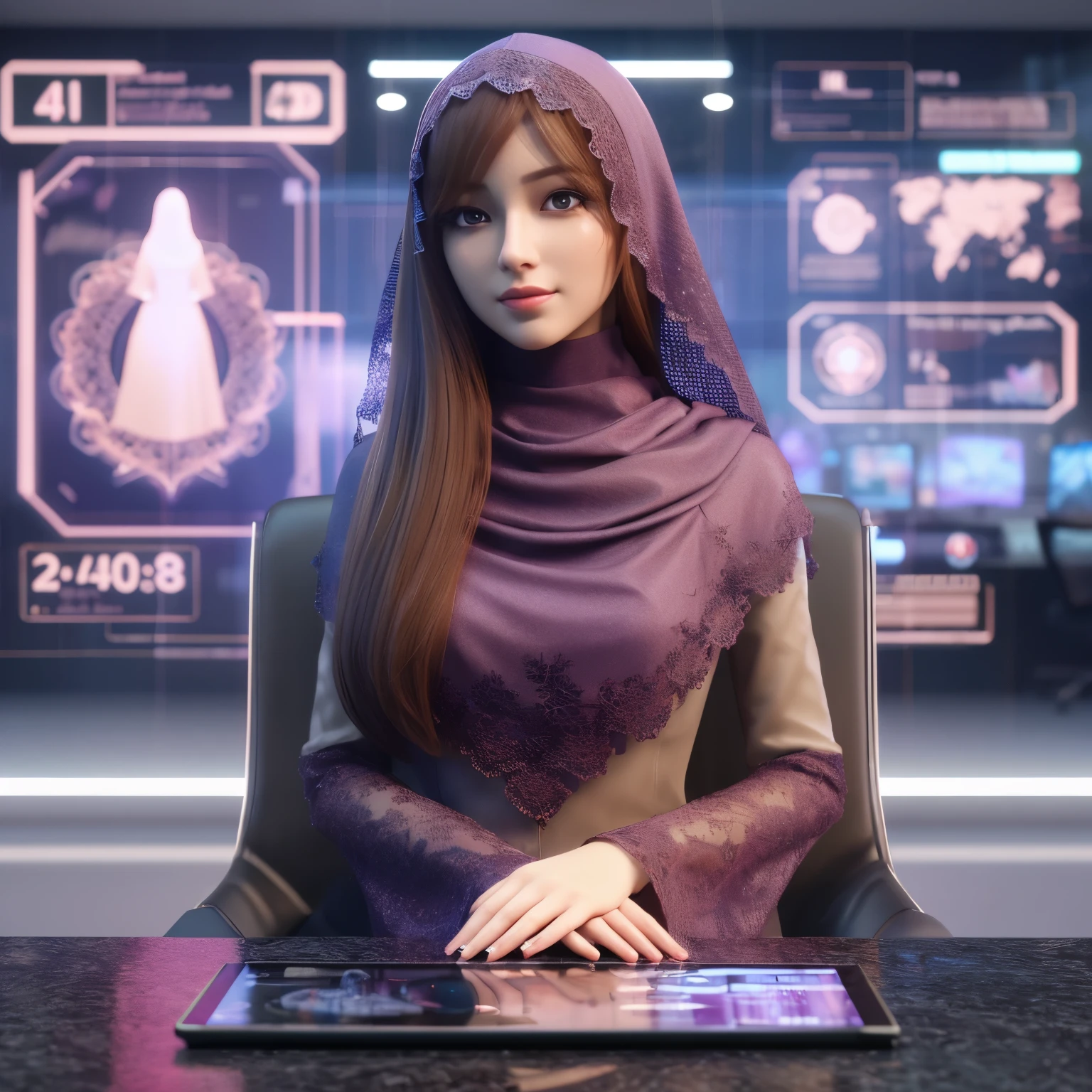 arafed woman in a hijab sitting at a desk with a laptop, artificial intelligence princess, 3 d render character art 8 k, for hire 3d artist, beautiful android woman, purple transparent sci - fi hood, beautiful female android, sci fi female character, detailed digital 3d art, 3d character realistic, cyborg merchant woman, cg artist