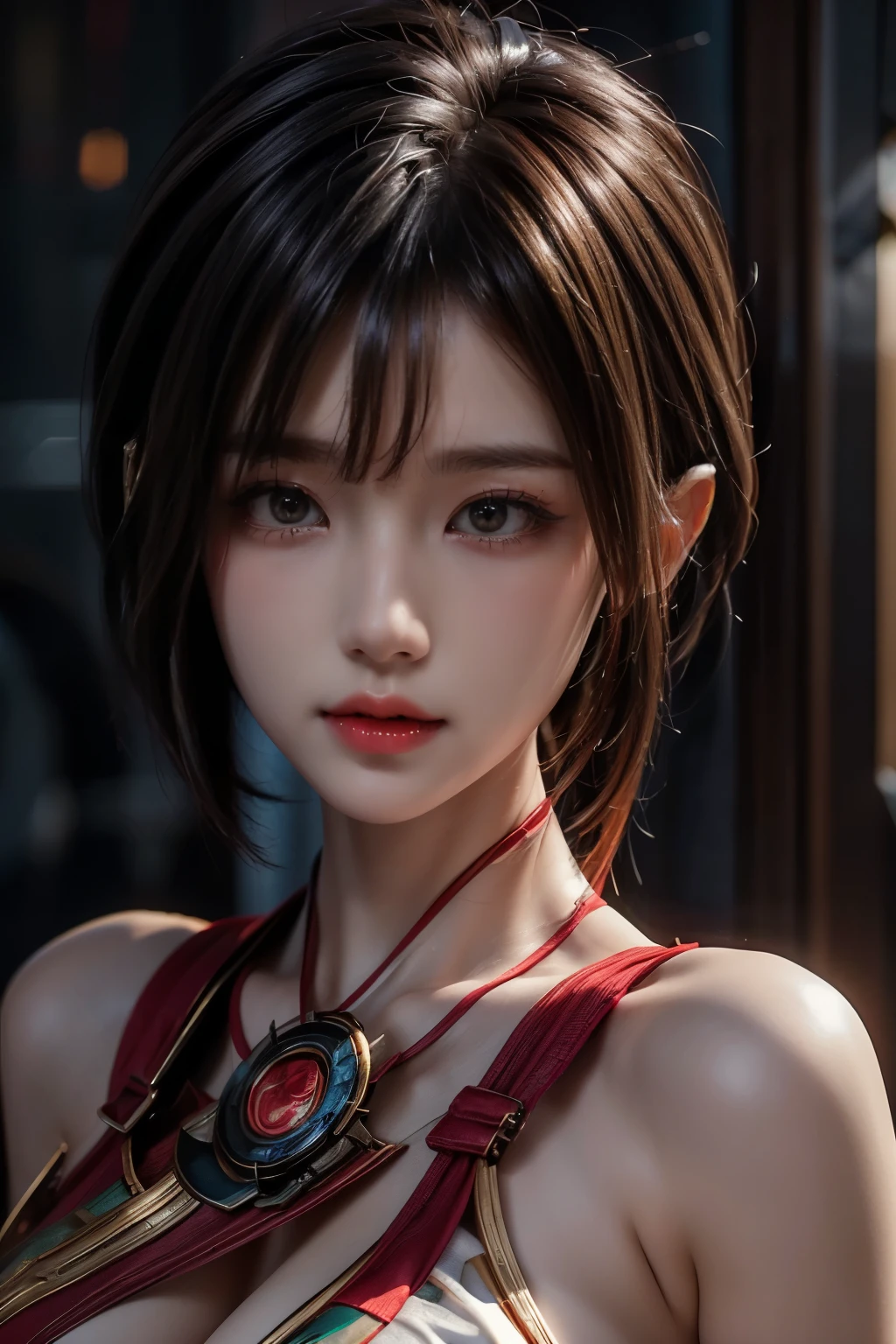 Masterpiece,Game art,The best picture quality,Highest resolution,8K,(Portrait),Unreal Engine 5 rendering works,(Digital Photography),((Portrait Feature:1.5)),
20 year old girl,Short hair details,With long bangs,(The red eye makeup is very meticulous),(White with short hair:1.4),(Large, full breasts),Elegant and noble,Brave and charming,
(Cyberpunk combat suit combined with the characteristics of Chinese fairy costume,Combined with the characteristics of Dunhuang costumes,Ribbon,Golden pattern),Cyberpunk figures,Big moon background,
Movie lights，Ray tracing，Game CG，((3D Unreal Engine))，OC rendering reflection pattern