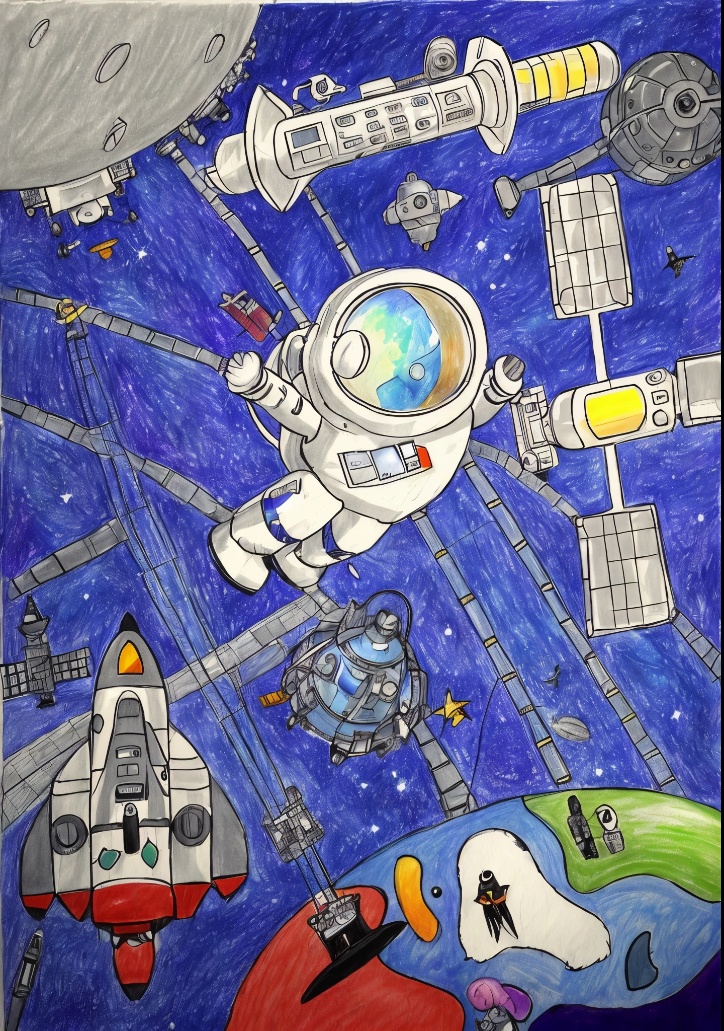 a drawing of a space station with a space shuttle and a penguin, spacewalk, on a space station, spacewalk scene, flying in space, astronaut in space, in a space station, on a crowded space station, in space, Deep space exploration!!!, space station, on space station, intricate machine in space, spaceport, floats in space