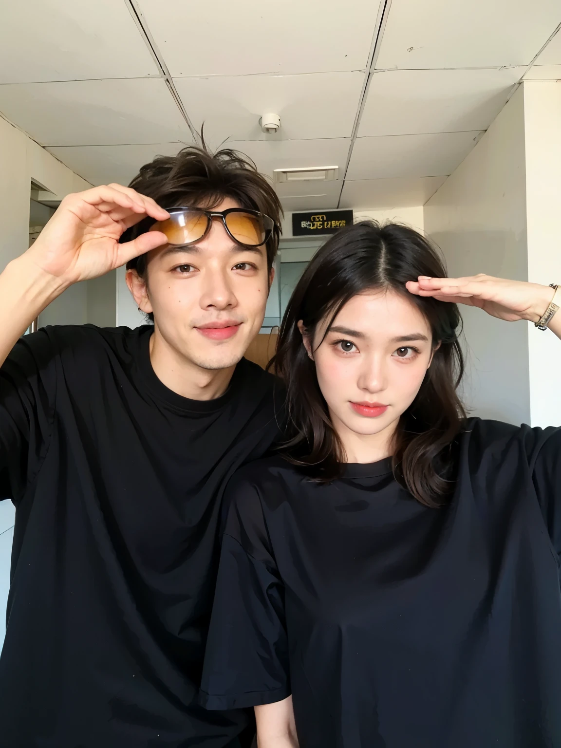 highest quality, The sides of long hair with curly bangs are braided loosely in the front., (brown hair color), ultra high resolution, (realistic: 1.4), couple, (young men and women), pink swelling, NSFW, (K-POPアイドル), (charming monkey:1), (big breasts), (denim shorts), smile, cute, whole body, join hands in front, background street, nature, peaceful community, (nude: 1.2), Sunlight Western-style relaxing room background