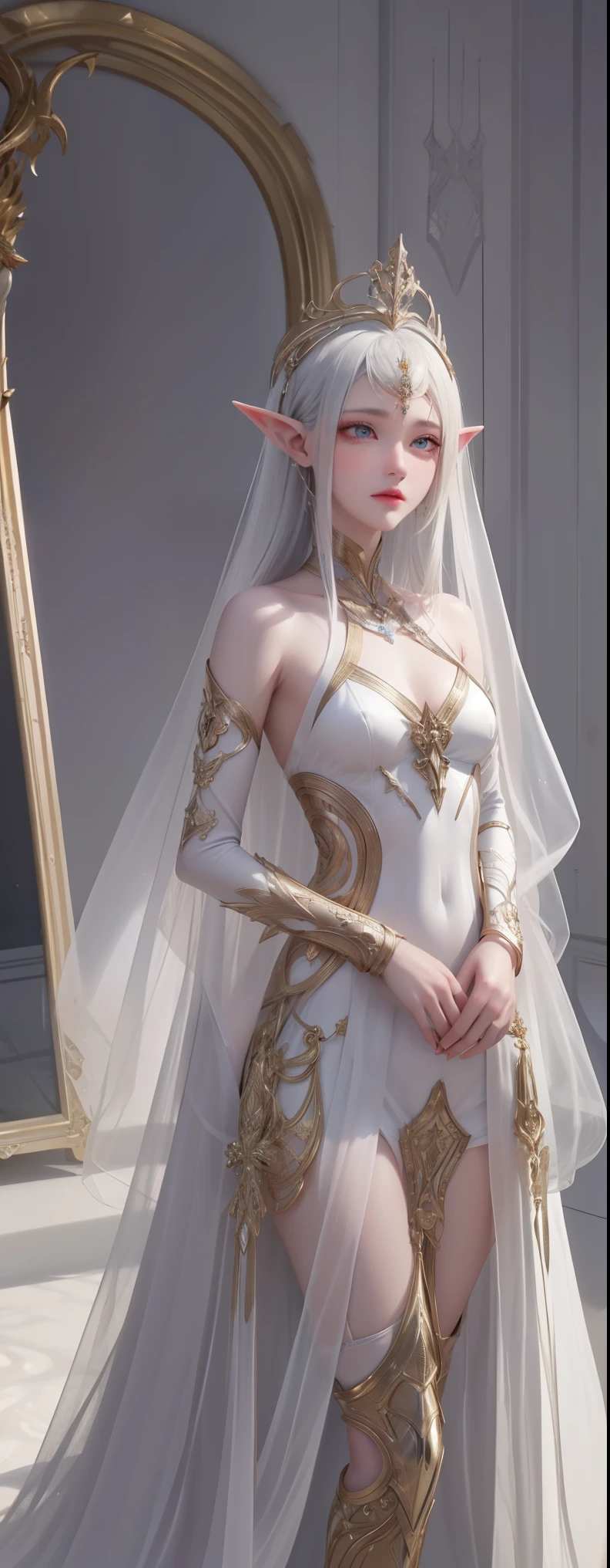An Arad woman in a futuristic suit stands in a room with many metallic objects, Prometheus stills,  white clothes, Beauty pageant renderings, mesh headwear, machine elves, Luxury, You can see it from your shoulders, Still images in