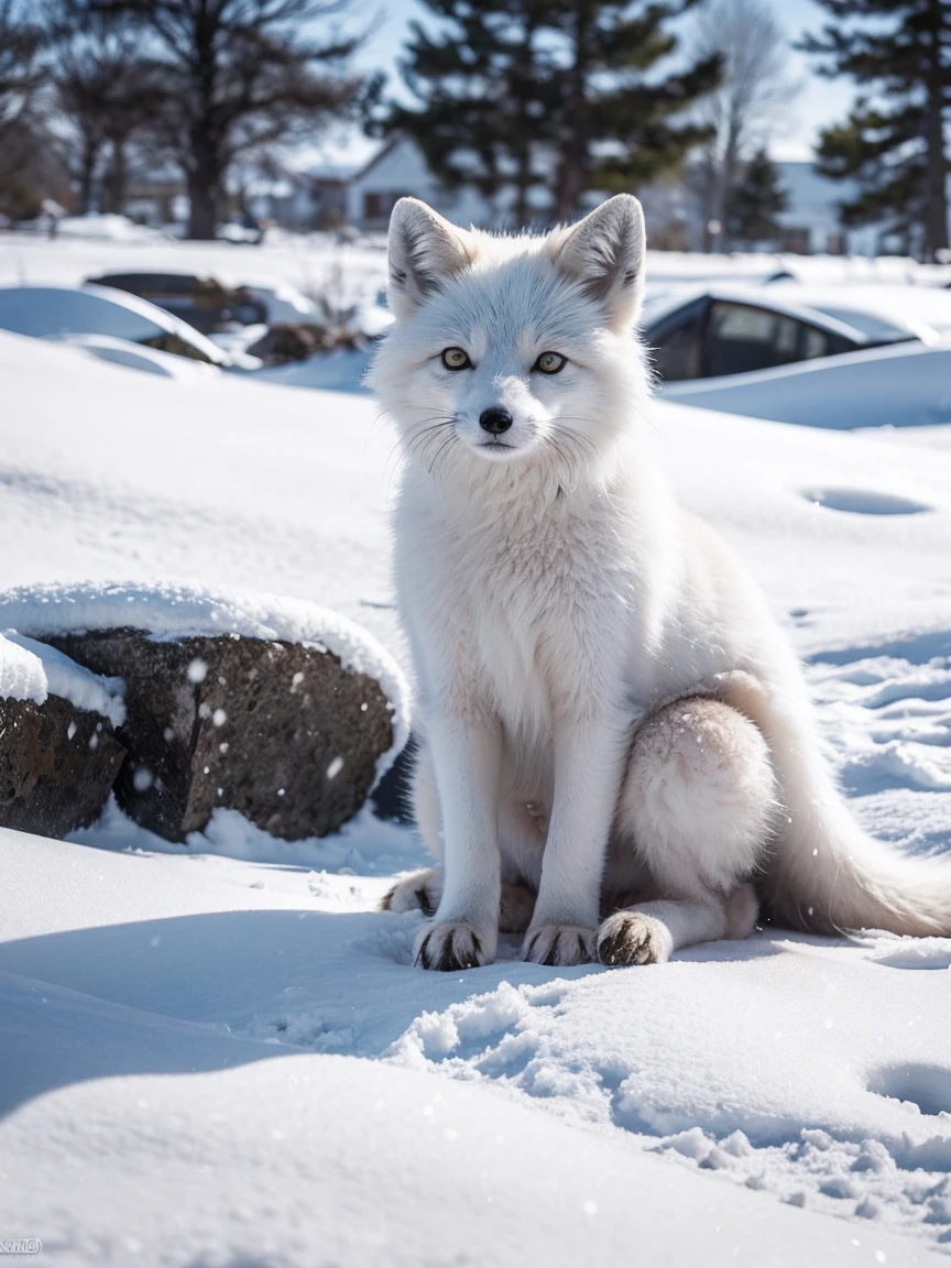 An arctic fox is playing in a snowy landscape, covered in snow