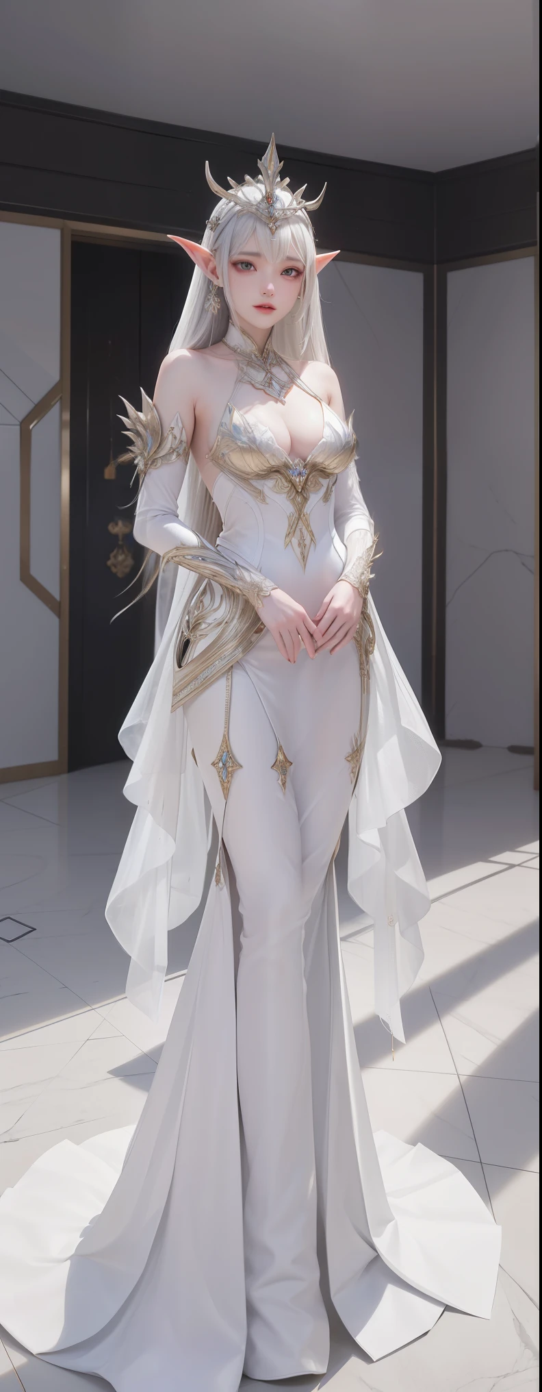 An Arad woman in a futuristic suit stands in a room with many metallic objects, Prometheus stills, white clothes, Beauty pageant renderings, mesh headwear, machine elves, Luxury, You can see it from your shoulders, Still images in