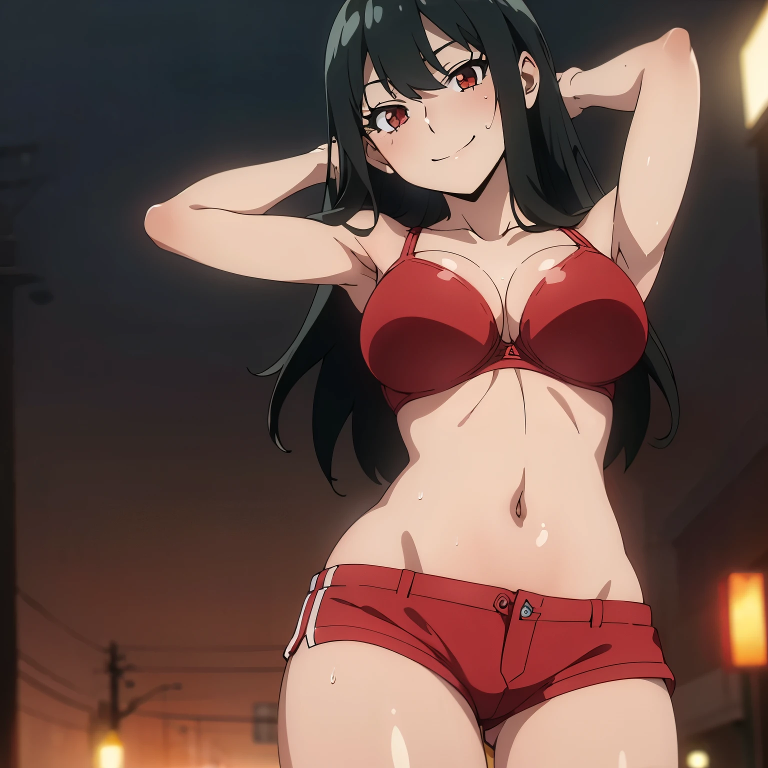 (masterpiece, best quality, high resolution, animescreencap, anime colored,), (perfect anatomy, beautiful detailed eyes, beautiful detailed body, beautiful breast, shiny skin), 1girl, solo, black hair,side bangs, long black hair, large breasts, smiling, red eyes,armpits, looking at viewer, bikini, sexy pose, short shorts, ((red bra)), ((wet skin)), ((akihabara streets)), ((street lights),((short shorts)), ((sweaty armpits)) 