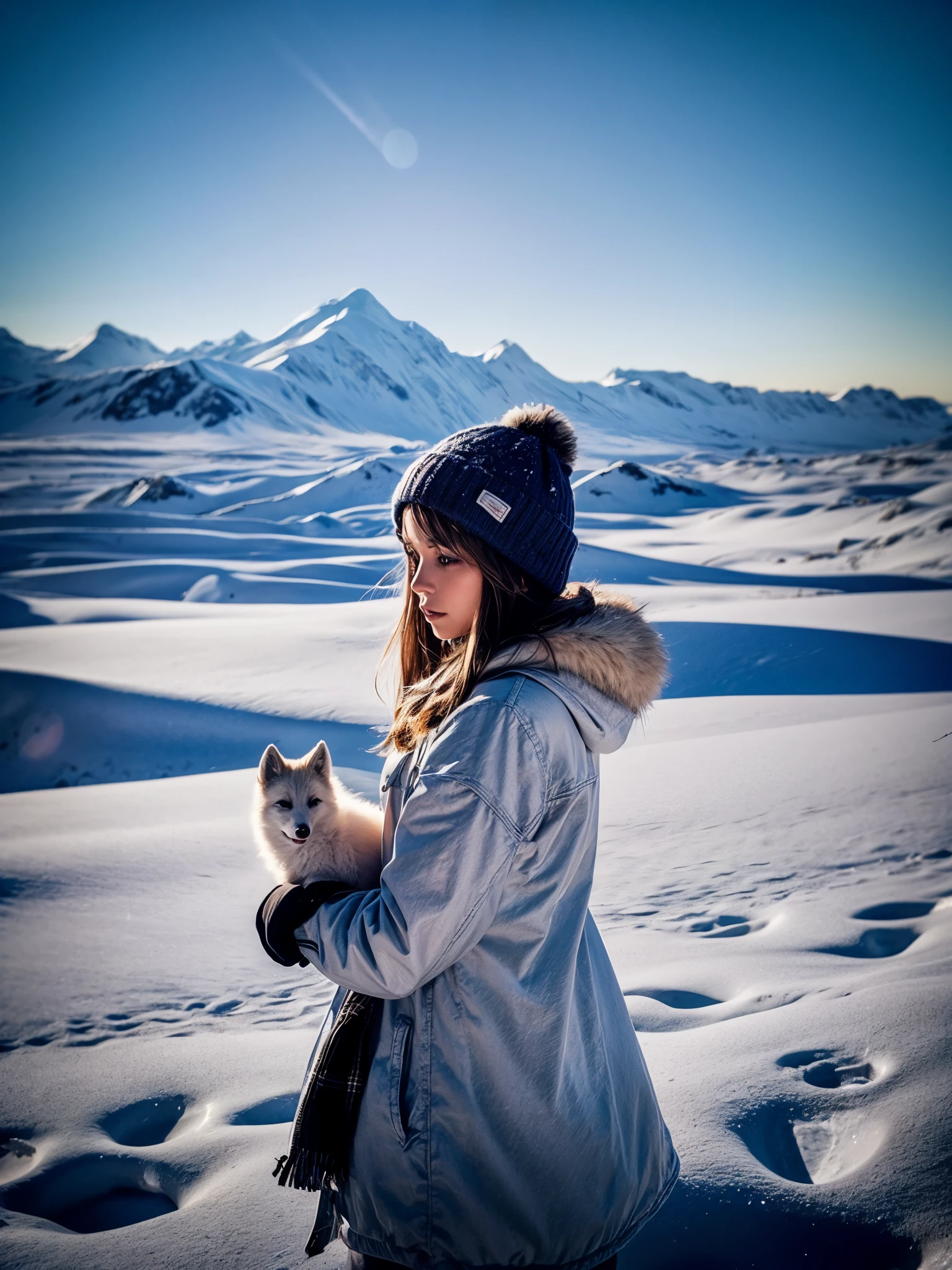 girl plying with arctic fox, snowy landscape