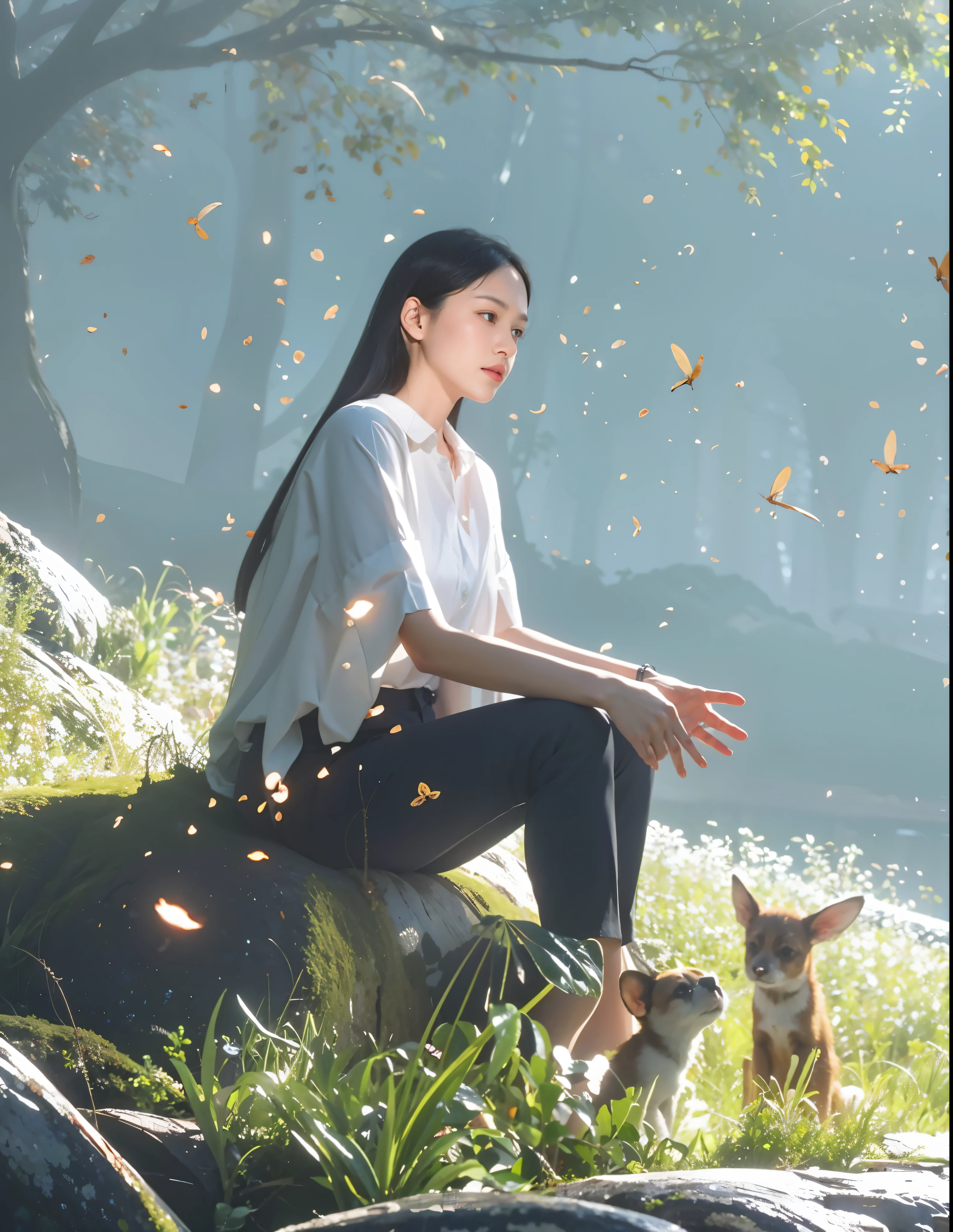 Rainforest in spring,A woman wearing a white shirt and black pants,坐在grassland上和小动物,long black hair ,There are fireflies scattered around,calm water, grassland,flowers, Leaves,best quality, Isometric view, OC rendering,c4d, Light-sensitive,fairy tale, fantasy, bright background, artwork,16k ,super detailed