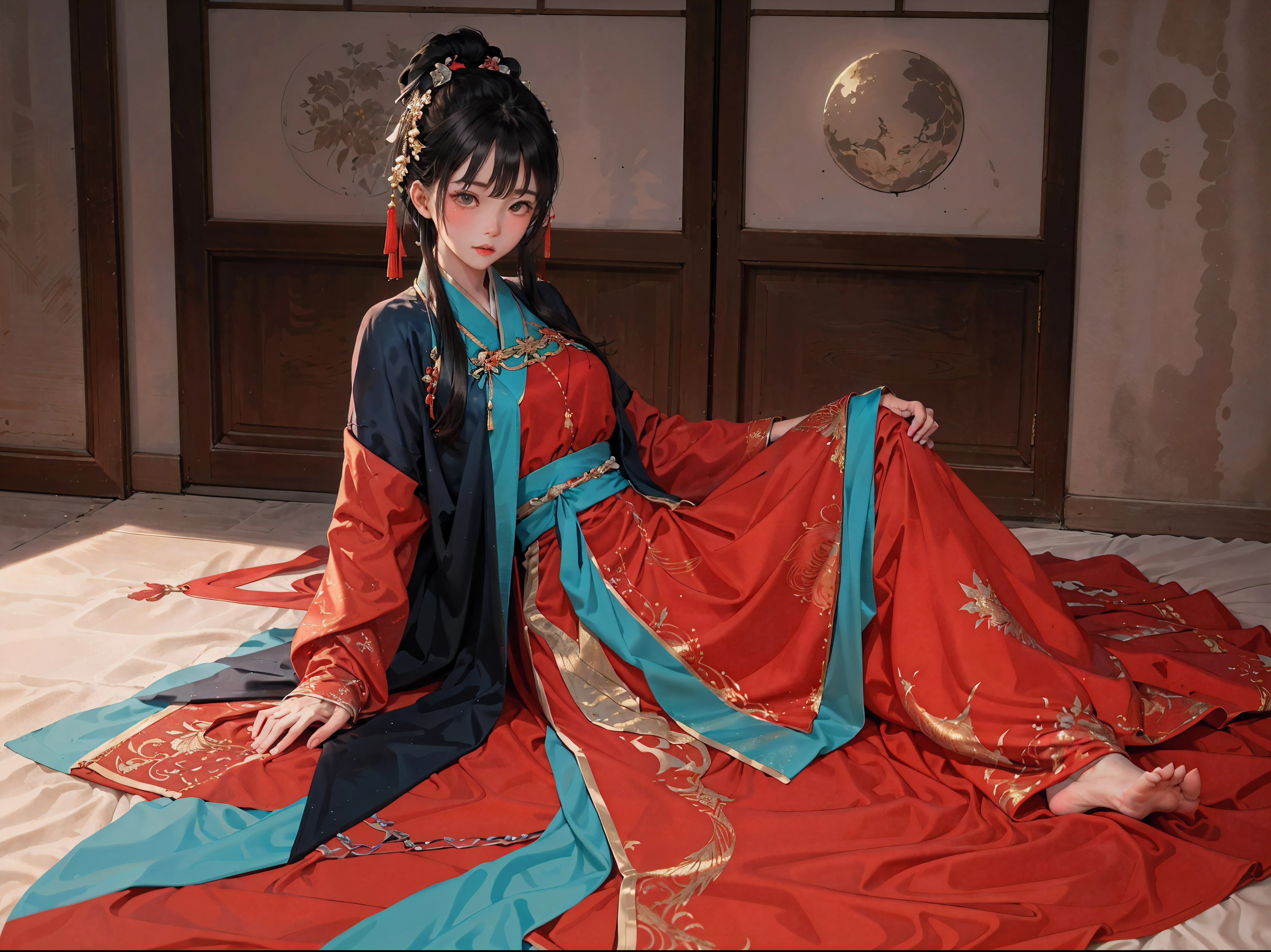 Ridiculous, Super detailed, (1 girl:1.3), Hand Painted, simple lines, **************** wearing red Chinese Hanfu, on the bed, barefoot, indoor, moonlight, at night, nose blushing, leave, high resolution, masterpiece