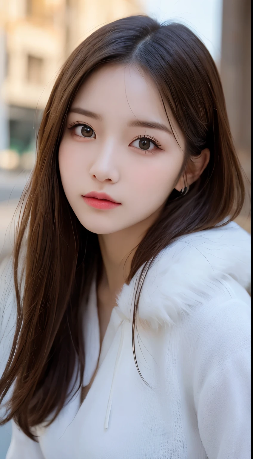 table top, highest quality, shape, Super detailed, finely, High resolution, 8k wallpaper, 完璧なダイナミックな構shape, beautiful and detailed eyes, Gorgeous winter fashion using fur,straight hair,small breasts、natural color lip,20 year old girl、cute、sexy looking at camera,beautiful and detailed face,perfect and beautiful face,KPOP idol face,Japanese idol faces,Elegant face,RAW photo,Big eyes,gal makeup,blur the background、real photos