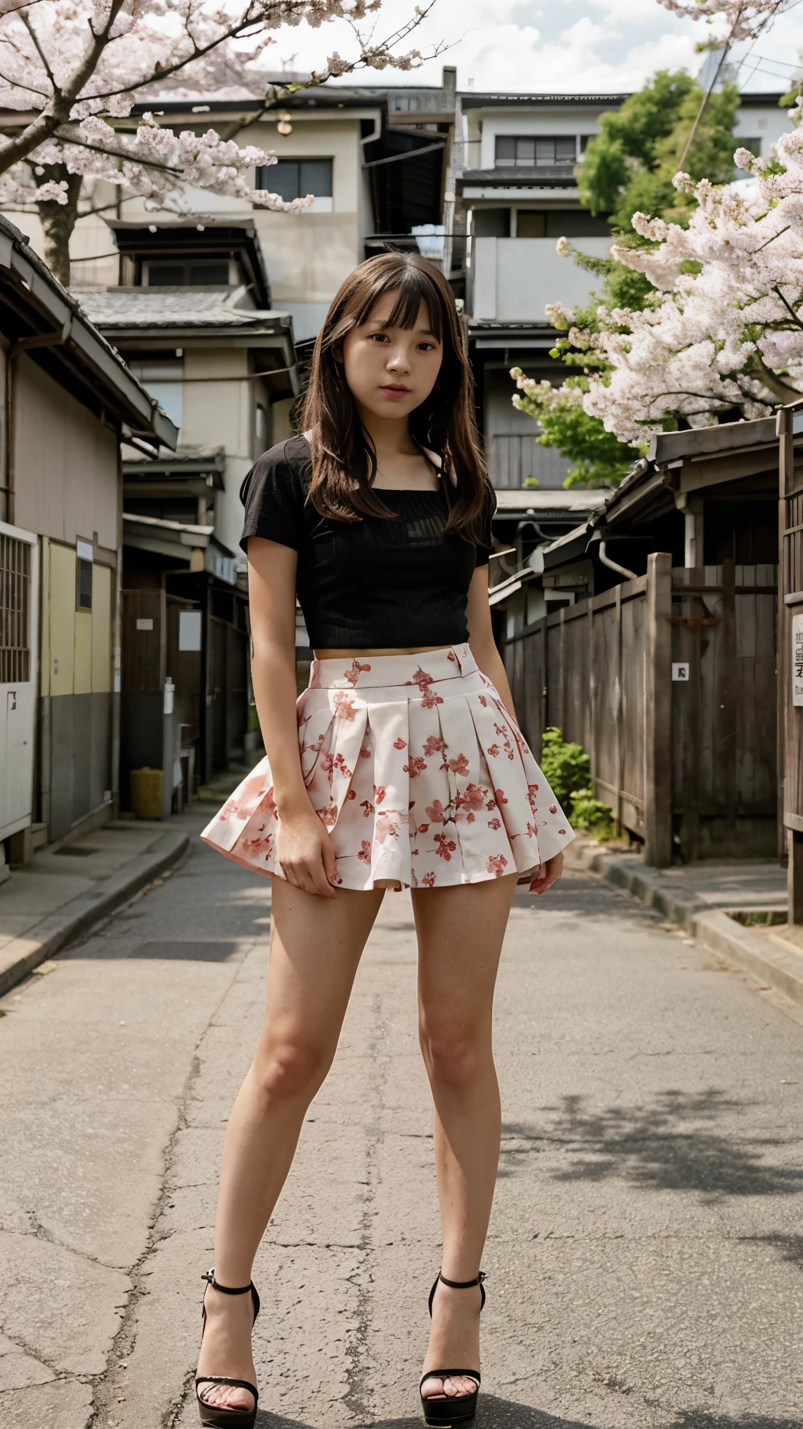 Beautiful 13 year old teenager, short sleeve shirt, small neckline, mini skirt, high heels, Japanese country street, cherry blossom trees