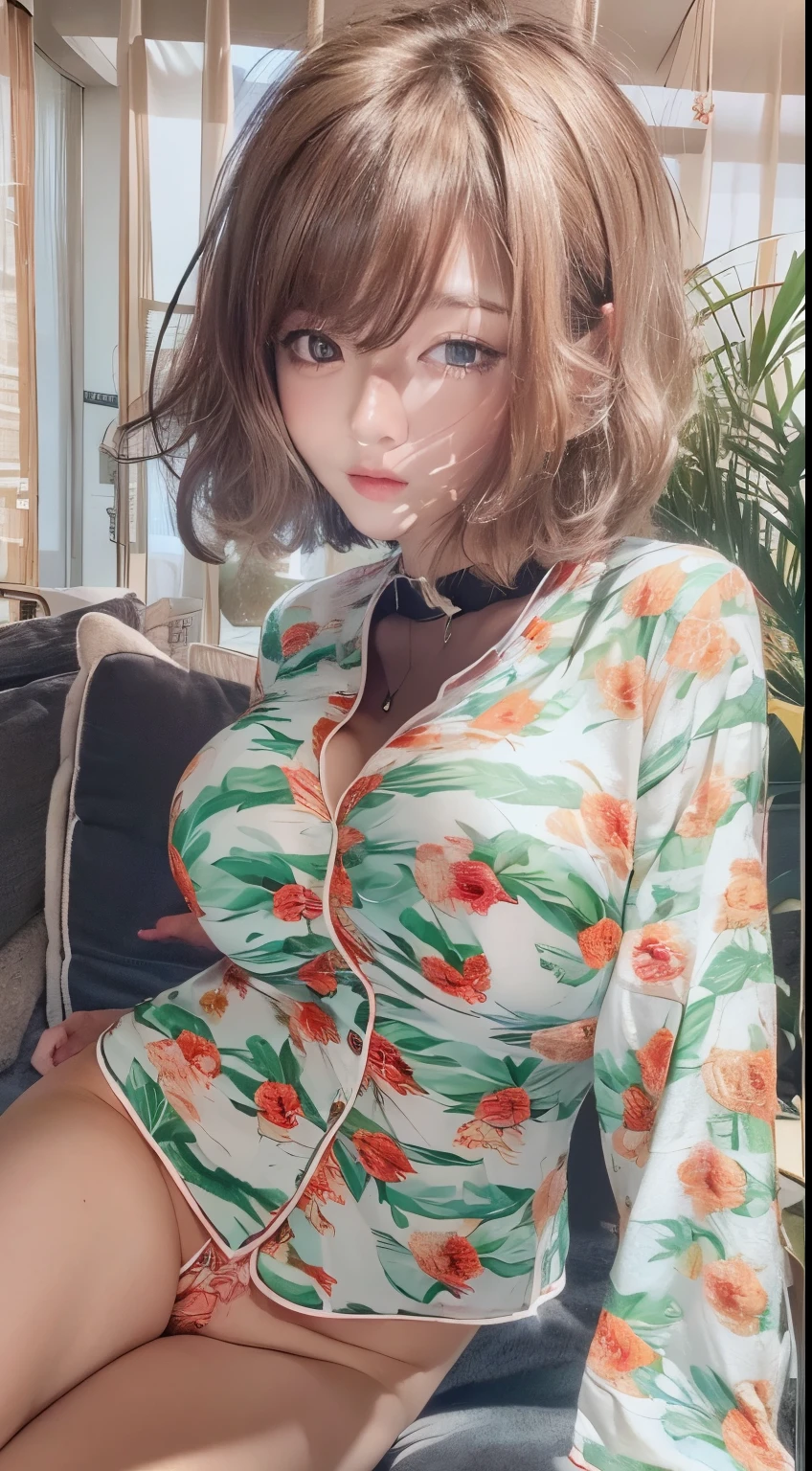 NSFW,((highest quality, 8k, masterpiece :1.3)), 1 girl, pretty woman with thin abs :1.3, (medium short hair, huge breasts :1.2), pajamas:1.1, super detailed face, fine eyes,