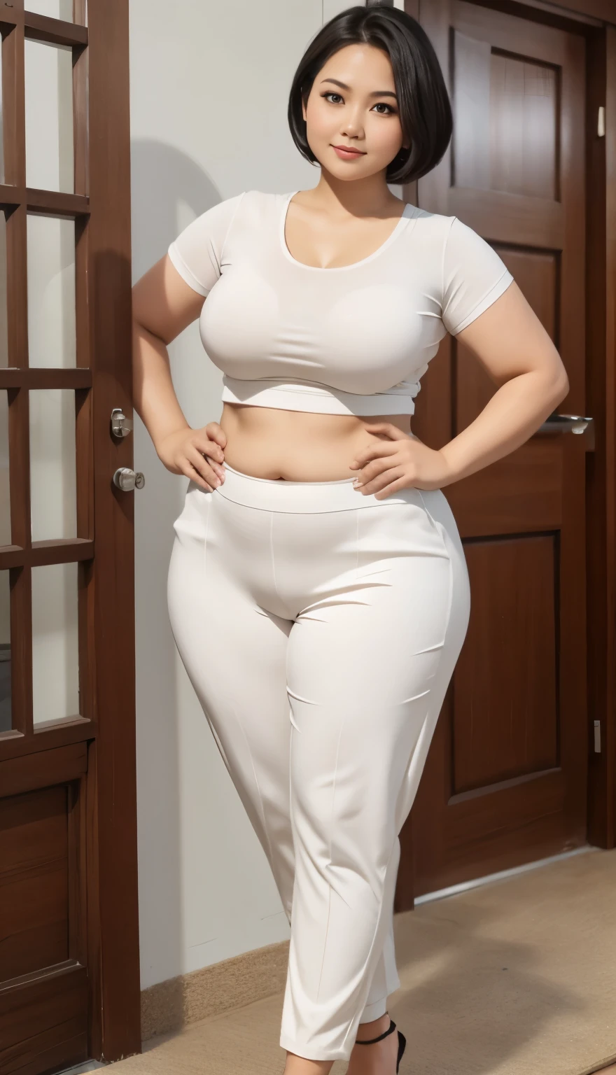 Indonesian woman, thick body, cold atmosphere , thick cheeks , full body , random pose, wavy short hair , thick hips, 40 years old , slightly fat arms , slightly fat belly , thick thighs pants , white skin