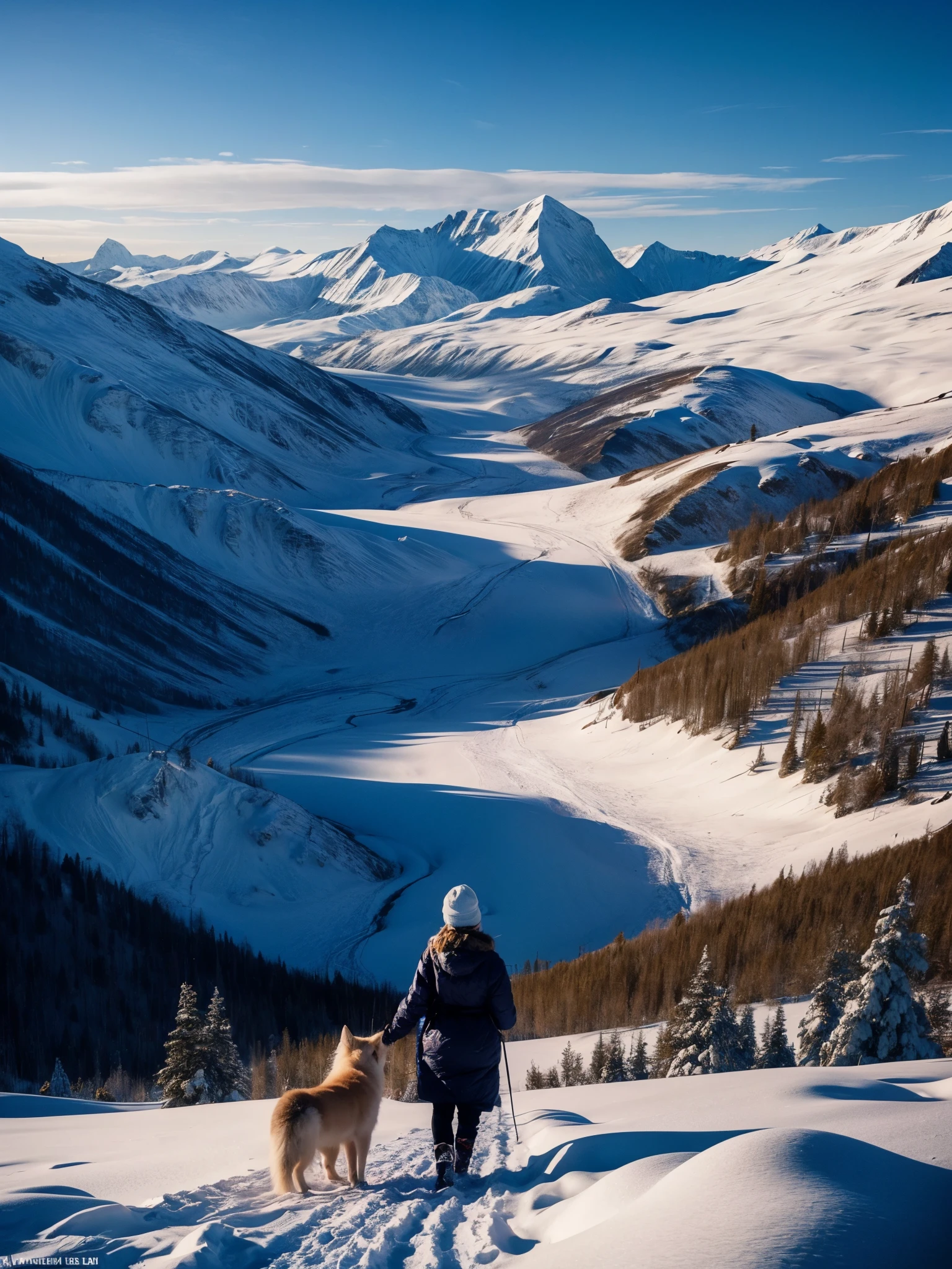 girl plying with arctic fox, snowy landscape