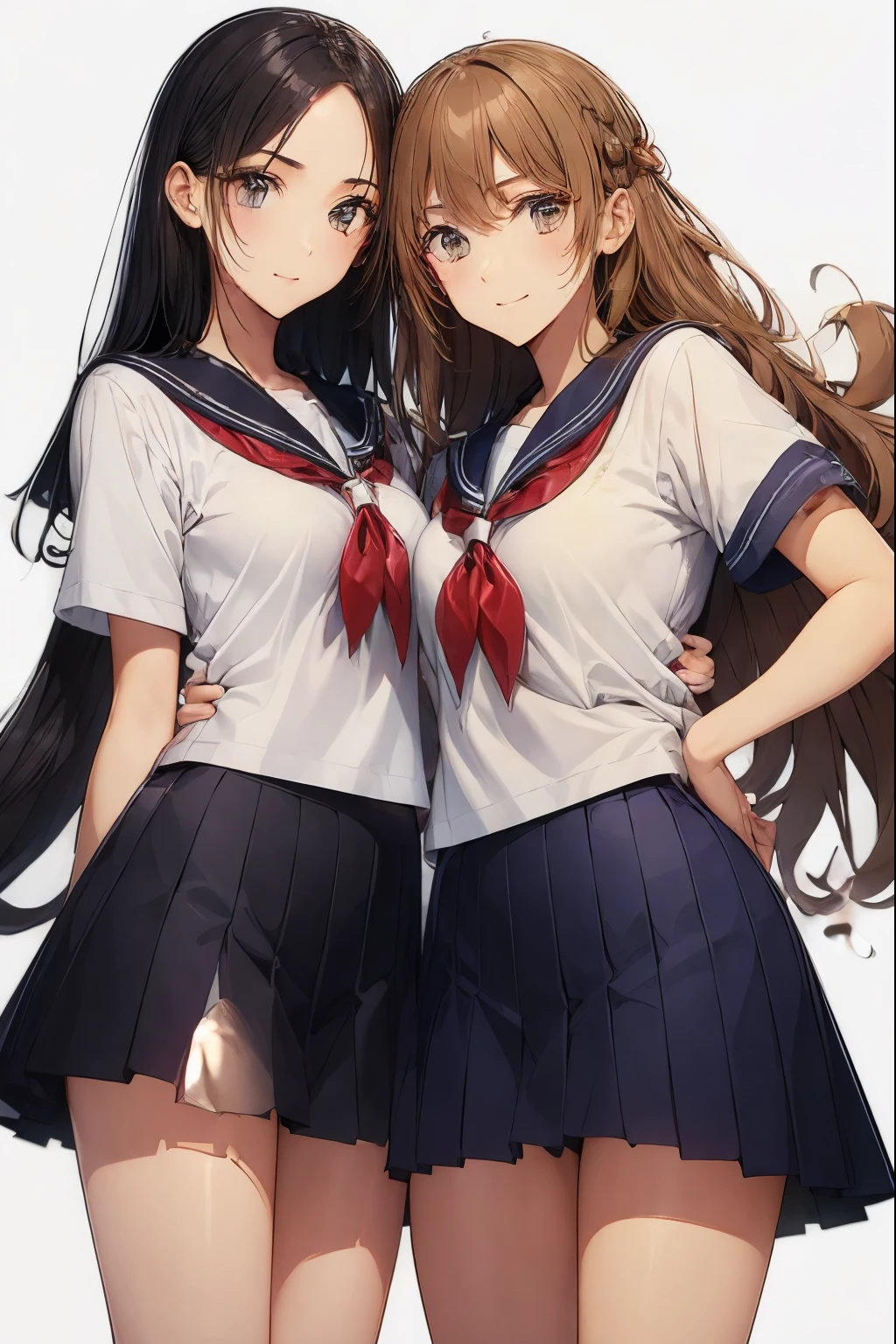 (2 girls), chyuri, cuddling, beautiful, smile, Japanese high school student, short sleeve sailor school uniform, classroom,