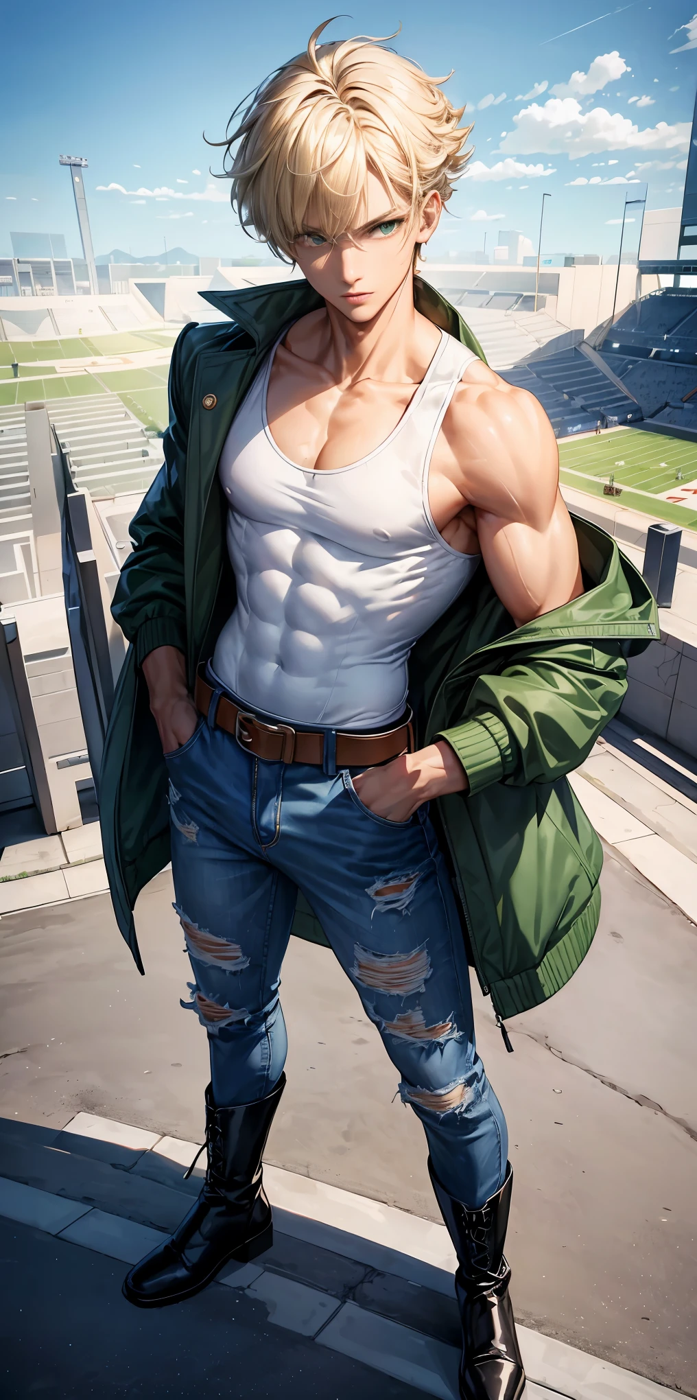 masterpiece:1.2, high quality, best quality, white background, Tall, Leggy, Slim, Abs,stadium jacket, tank top, Jeans, belt, Green eyes ,blonde hair, Black colored inner hair, two-block cut hair, thick hair, Open stadium jacket, boots, fighting pose, shoot from above, 1 boy, full body