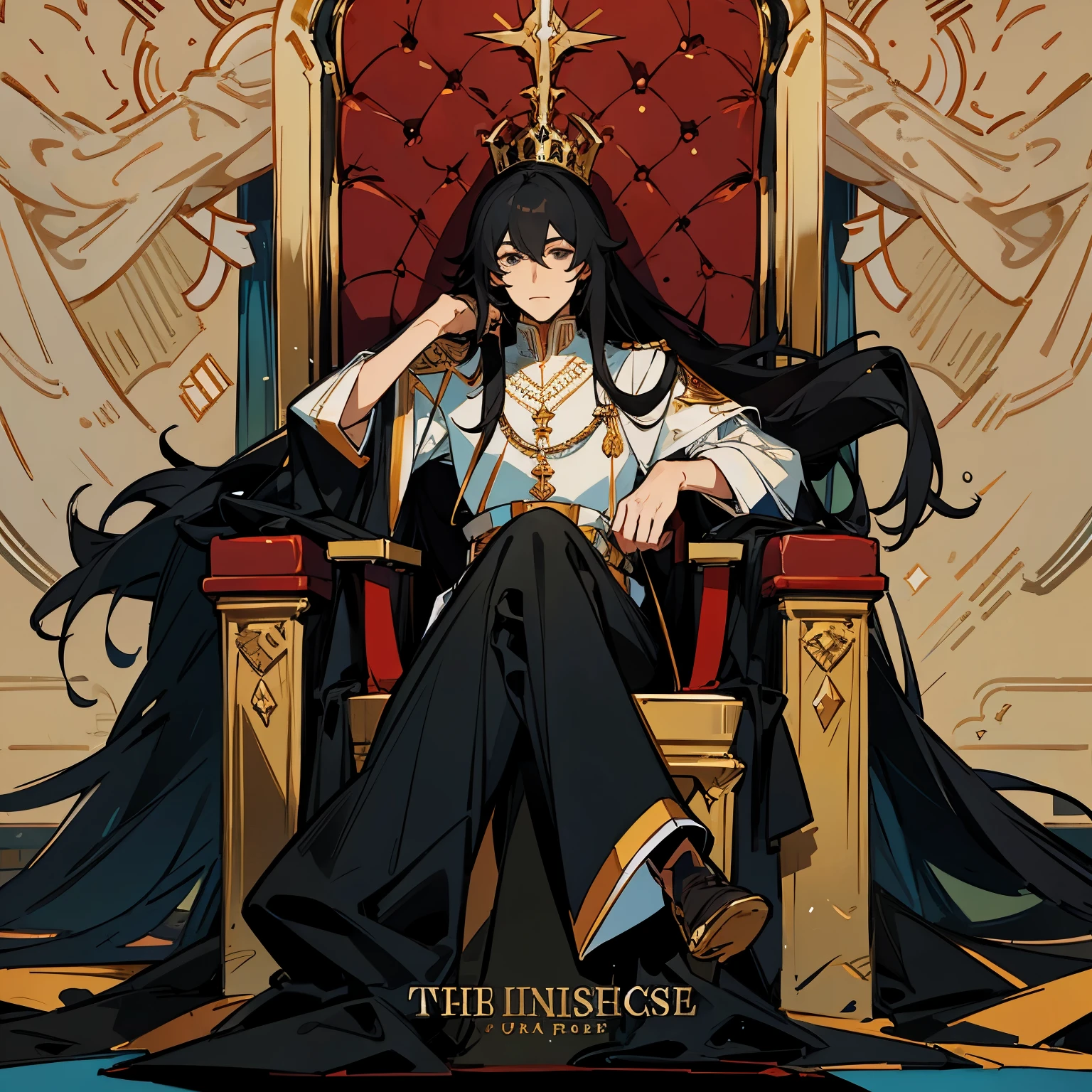 Cover photo of handsome man with long black hair sitting with the throne 